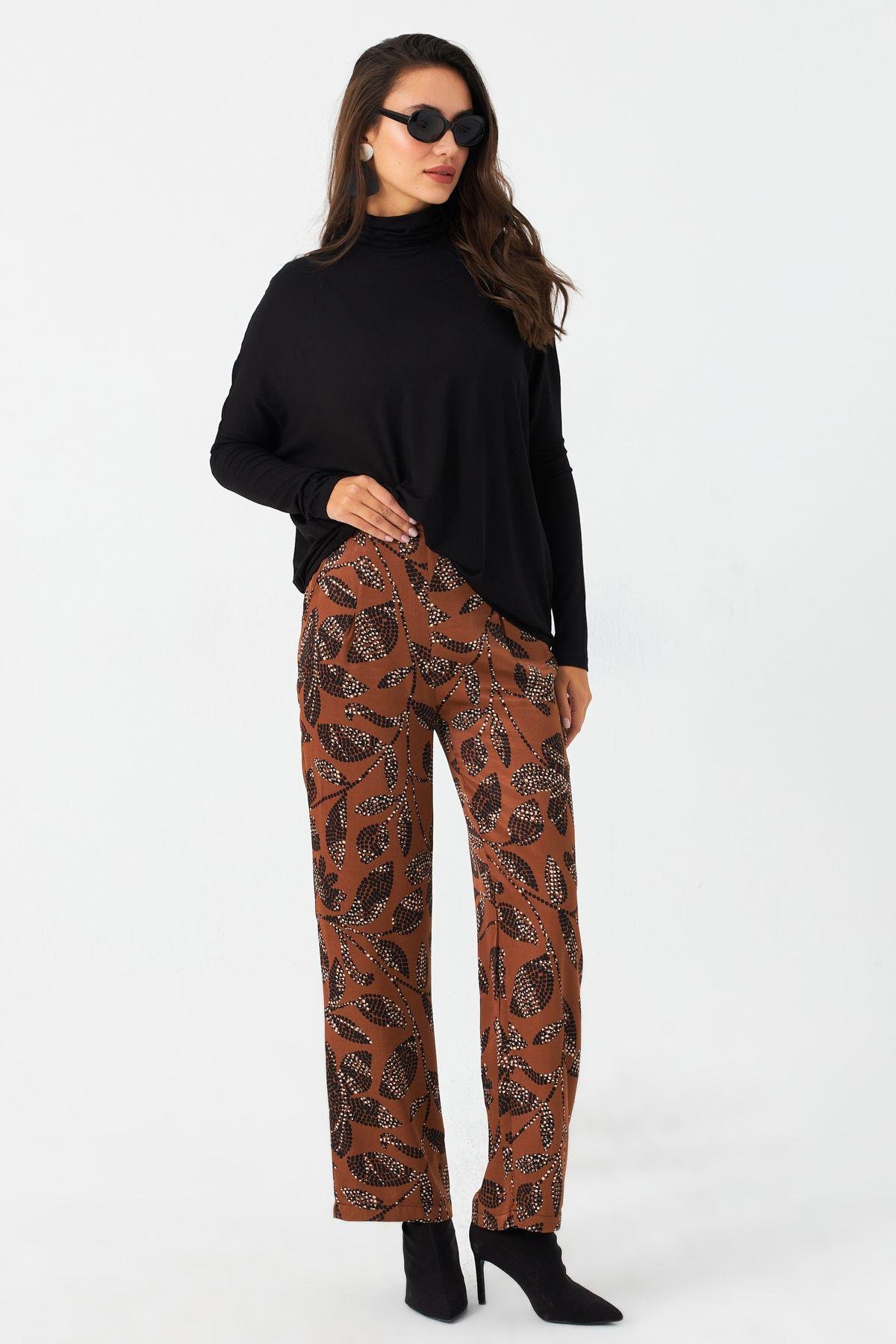 Kadın Taba Desenli Saten Pantolon MCAR1069