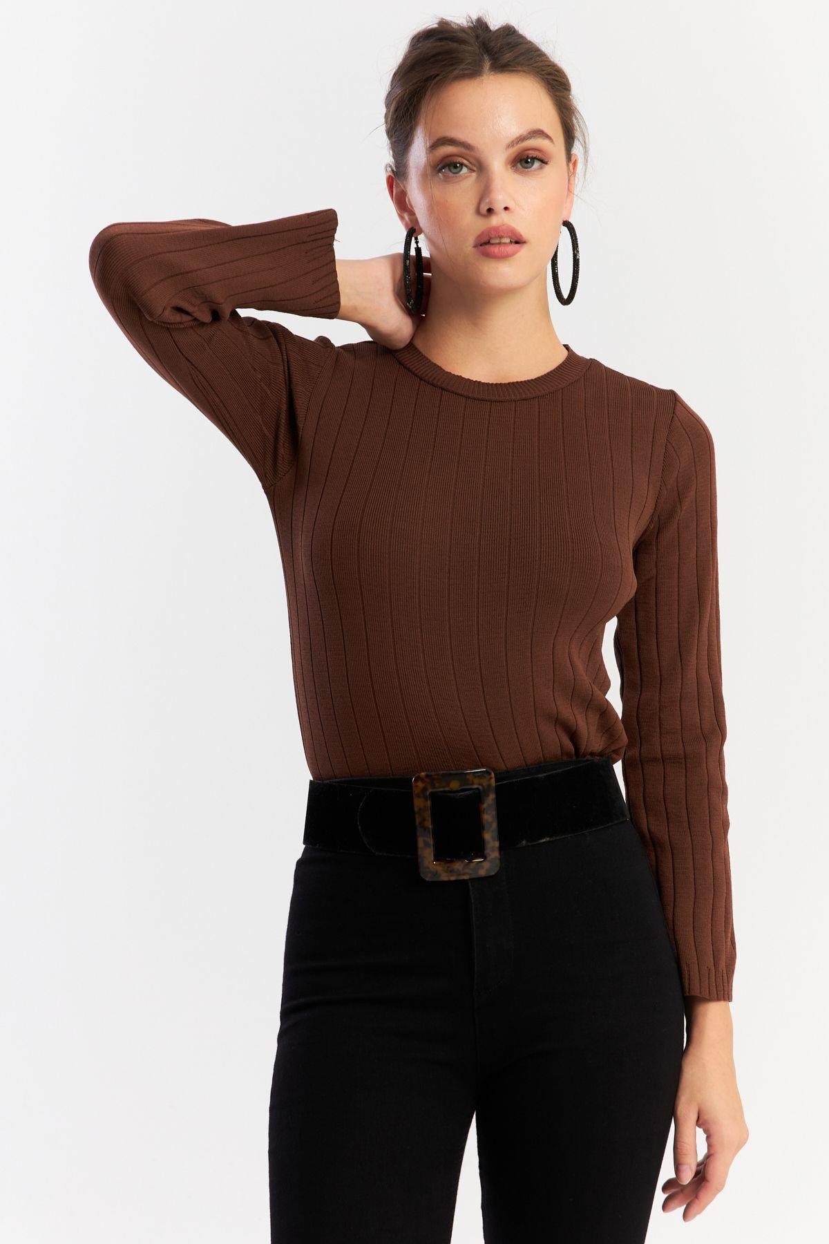 Kadın Taba Kısa Triko Bluz YV290