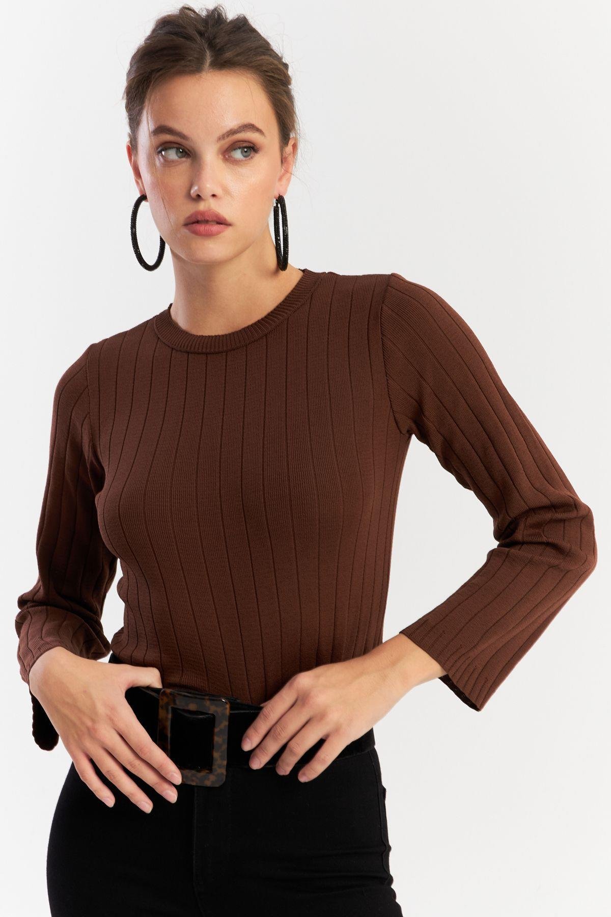 Kadın Taba Kısa Triko Bluz YV290