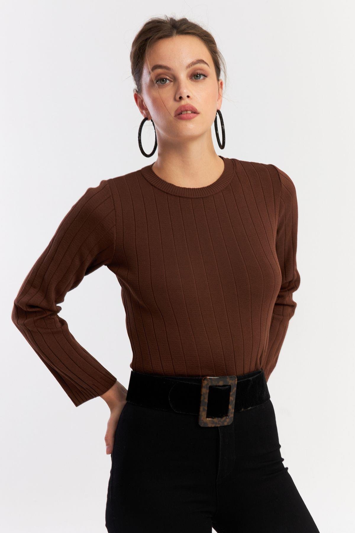 Kadın Taba Kısa Triko Bluz YV290