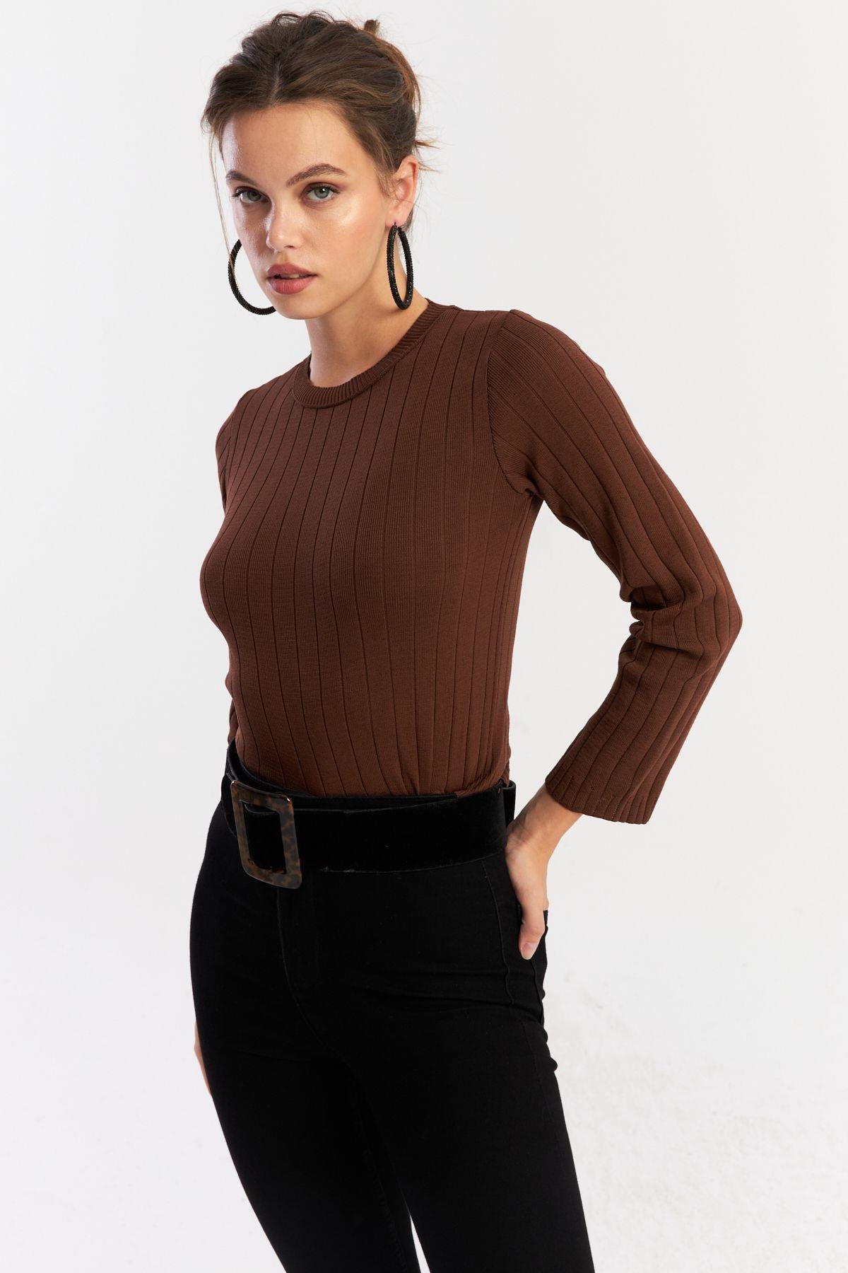 Kadın Taba Kısa Triko Bluz YV290