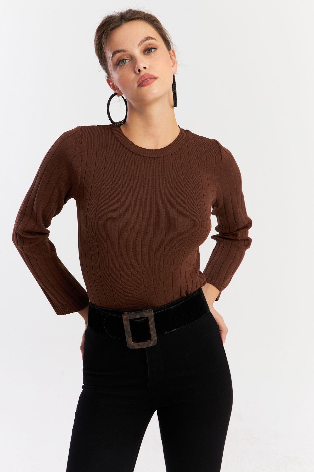 Kadın Taba Kısa Triko Bluz YV290