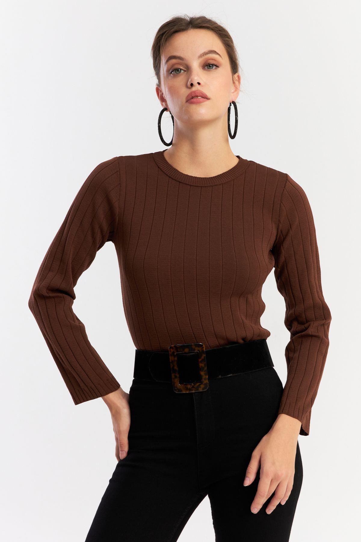 Kadın Taba Kısa Triko Bluz YV290