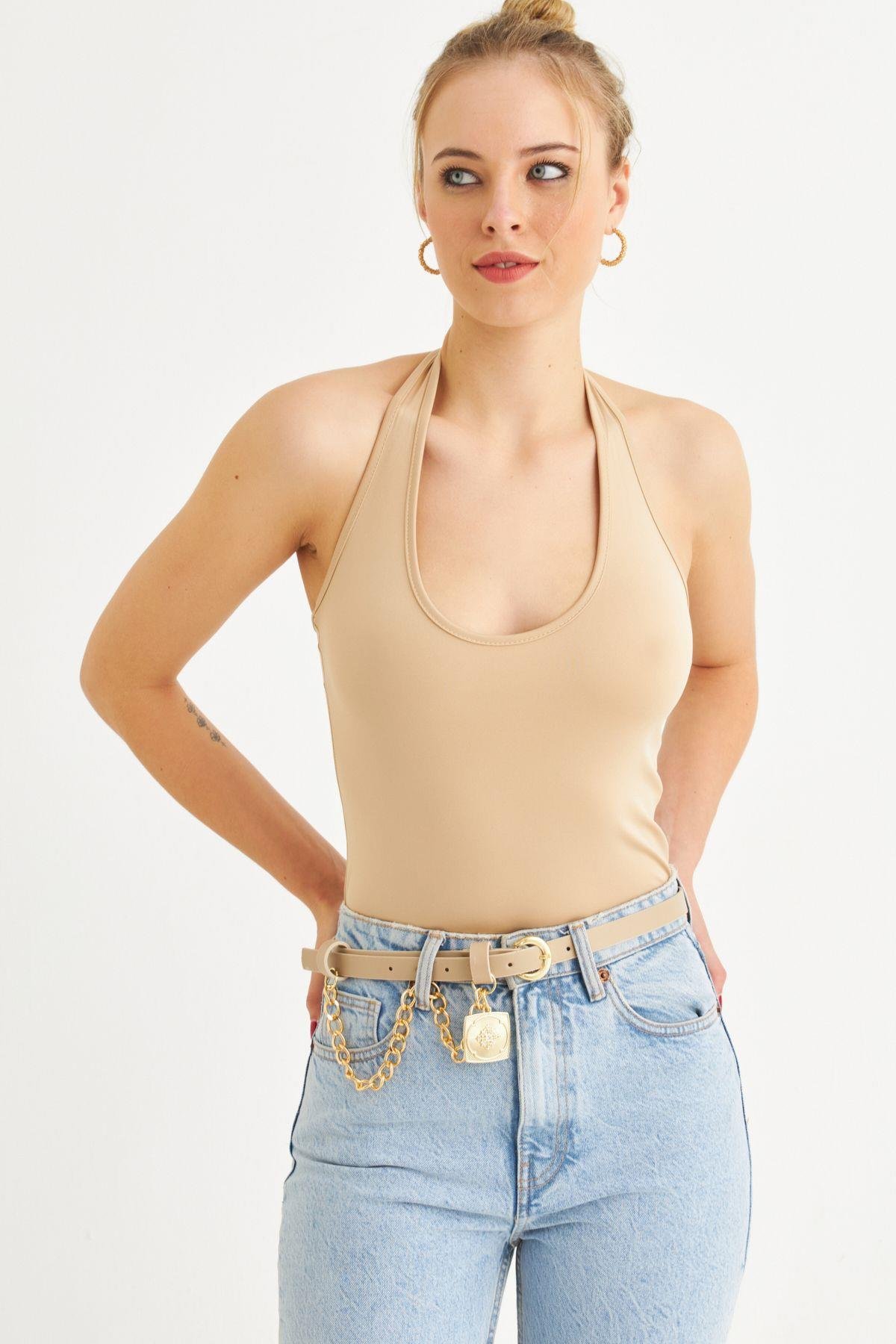 Kadın Taş Boyun Askılı Crop Bluz TF69