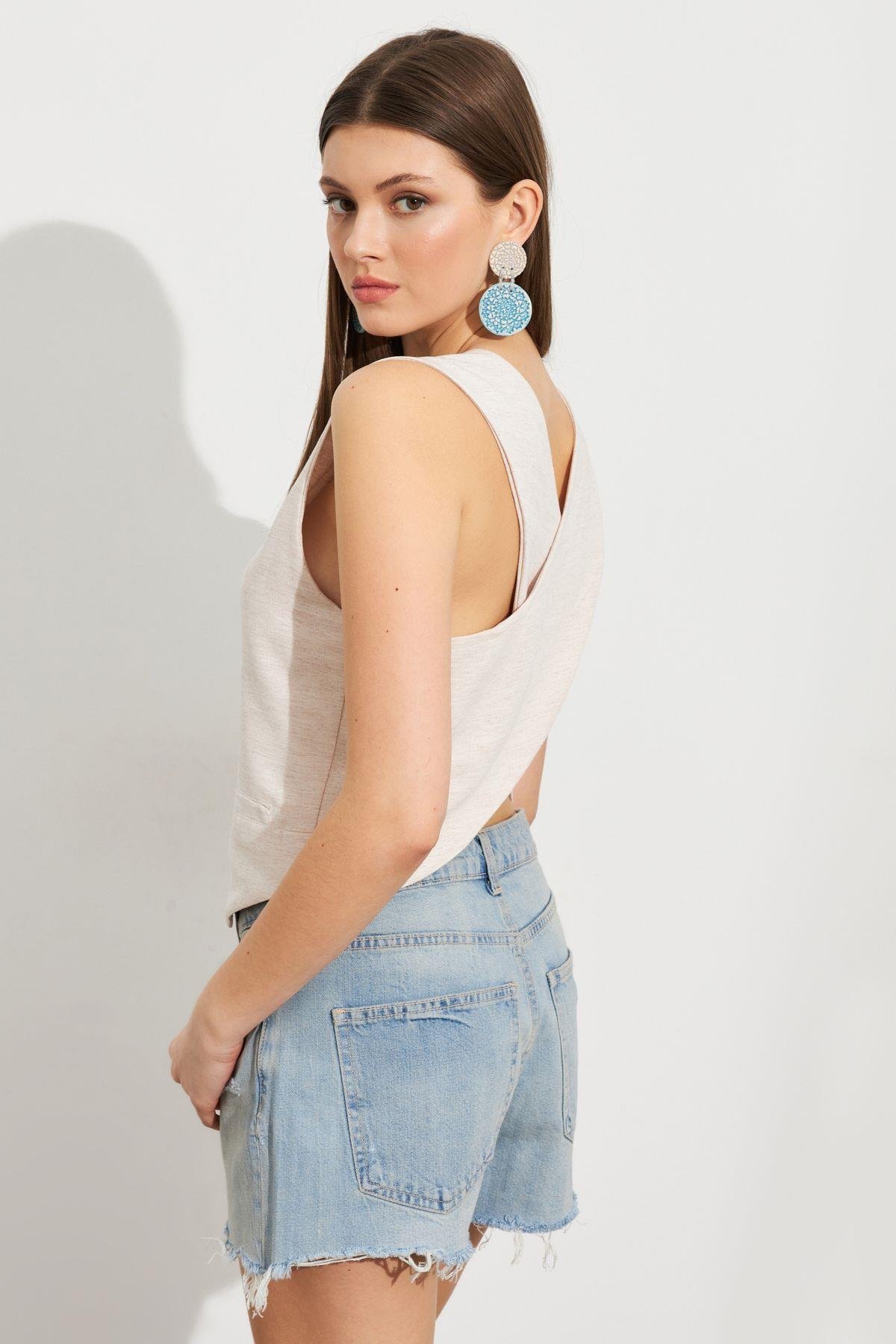 Kadın Taş Keten Yelek ELT1040