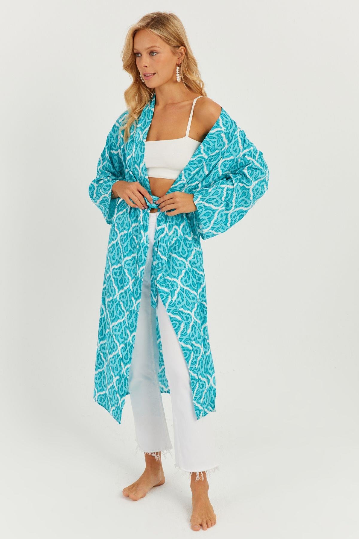 Kadın Turkuaz Desenli Kimono GÇ155