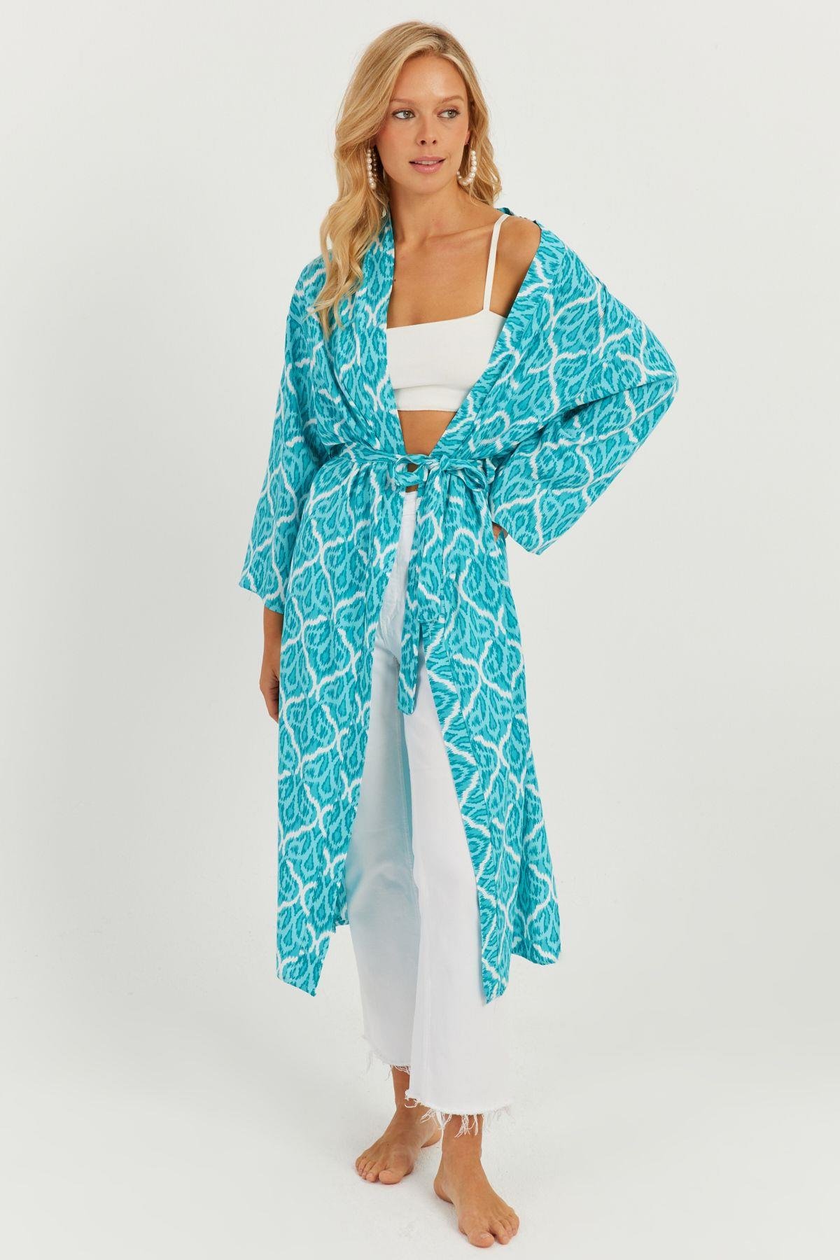 Kadın Turkuaz Desenli Kimono GÇ155