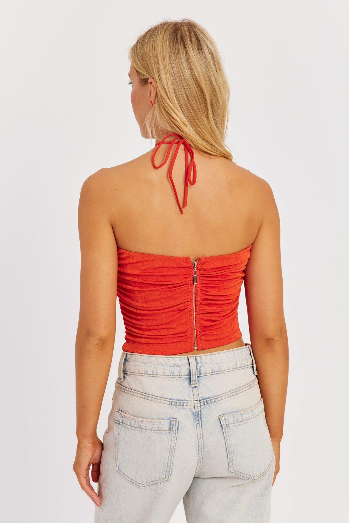 Kadın Turuncu Drapeli Crop Bluz KED154