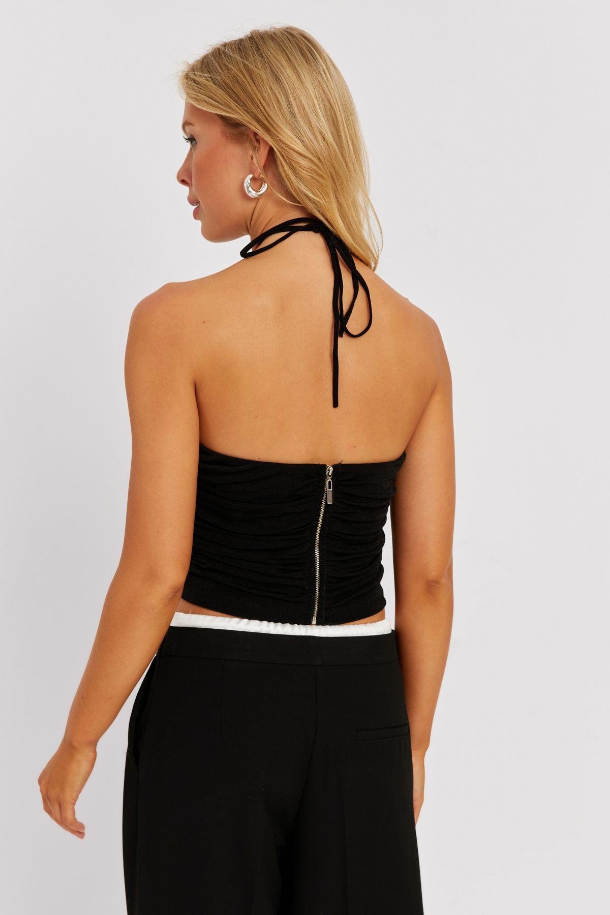 Kadın Turuncu Drapeli Crop Bluz KED154