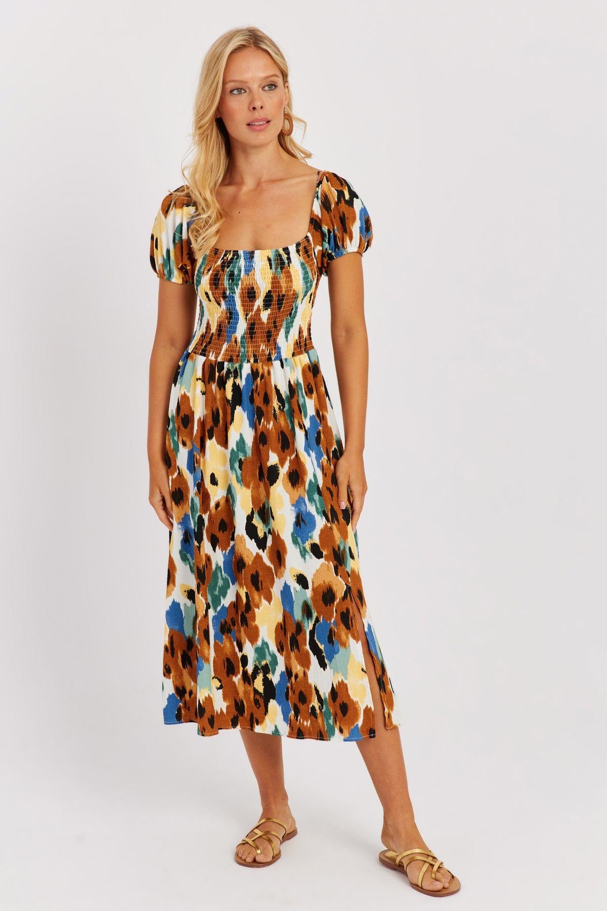 Kadın Turuncu Gipeli Desenli Midi Elbise MON126