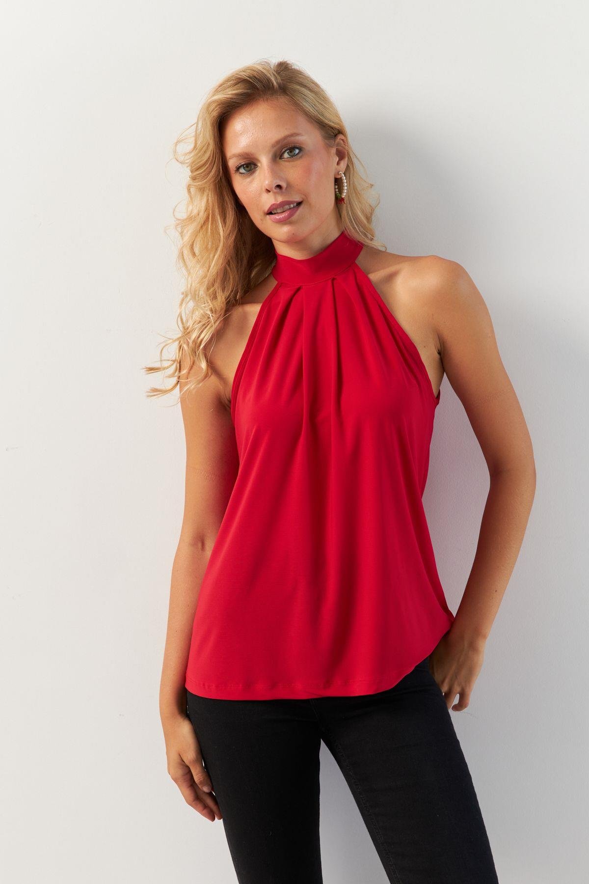 Kadın Turuncu Halter Yaka Desenli Bluz LPP1273