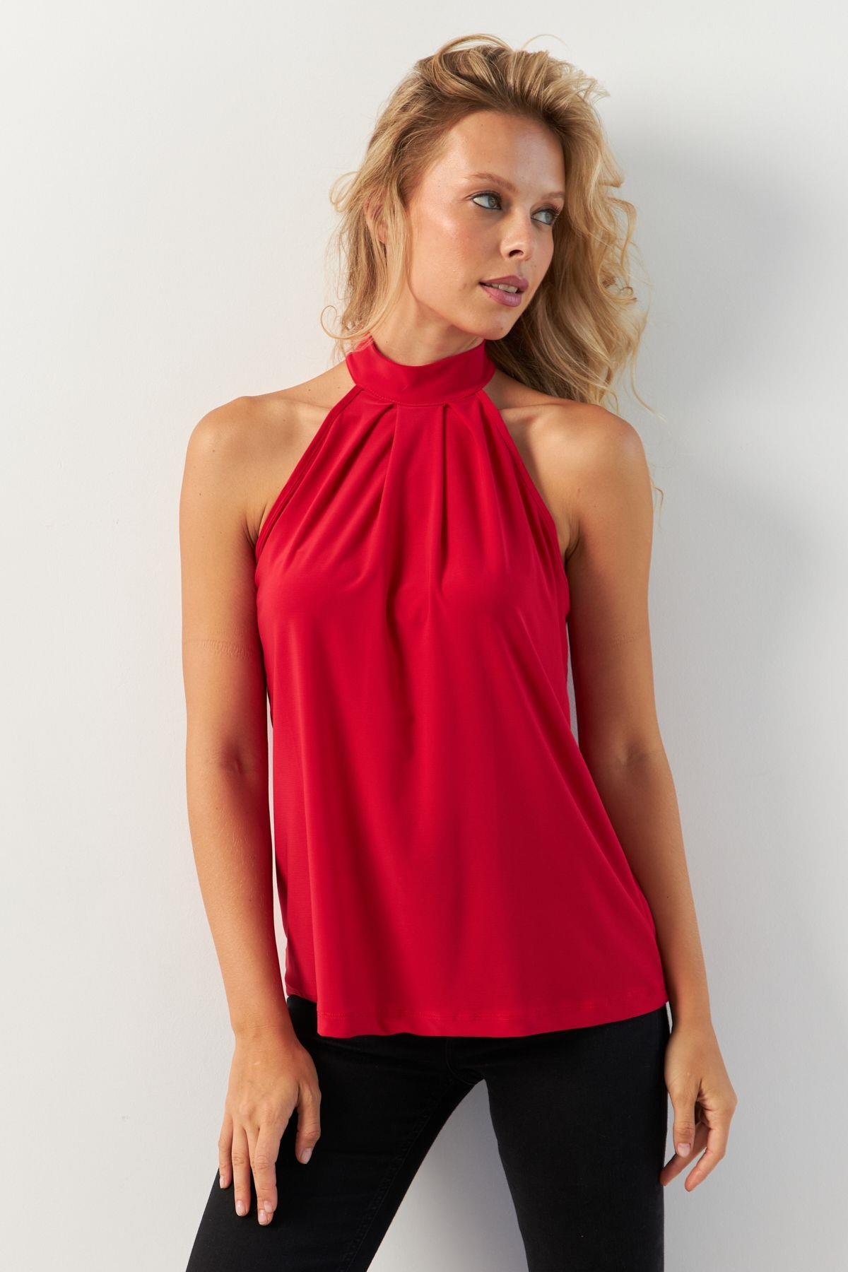 Kadın Turuncu Halter Yaka Desenli Bluz LPP1273