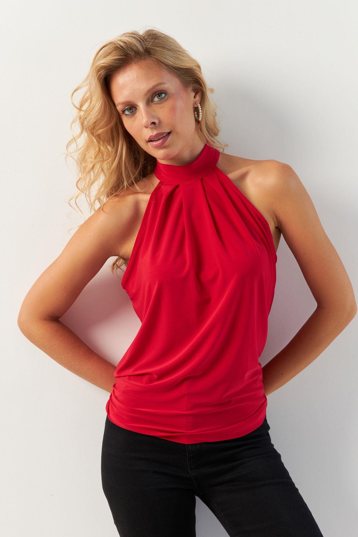 Kadın Turuncu Halter Yaka Desenli Bluz LPP1273