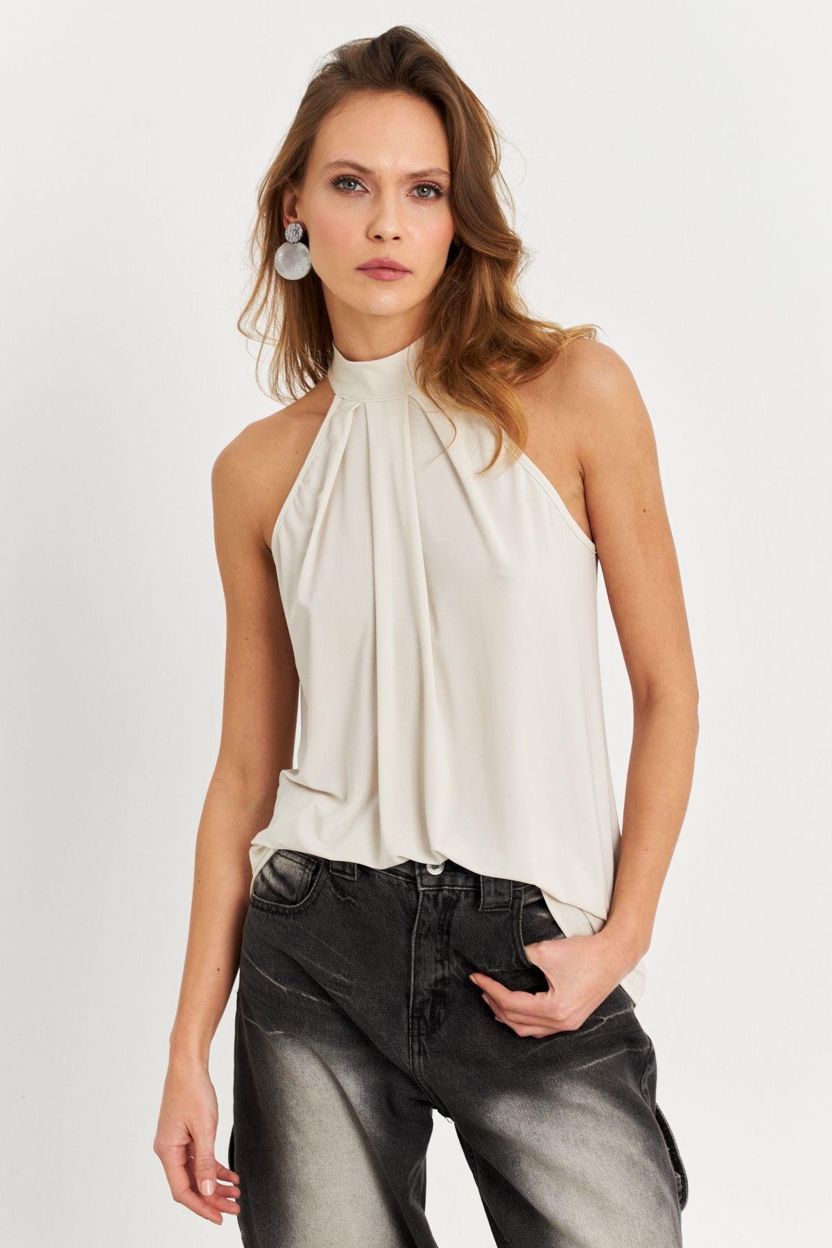 Kadın Turuncu Halter Yaka Desenli Bluz LPP1273