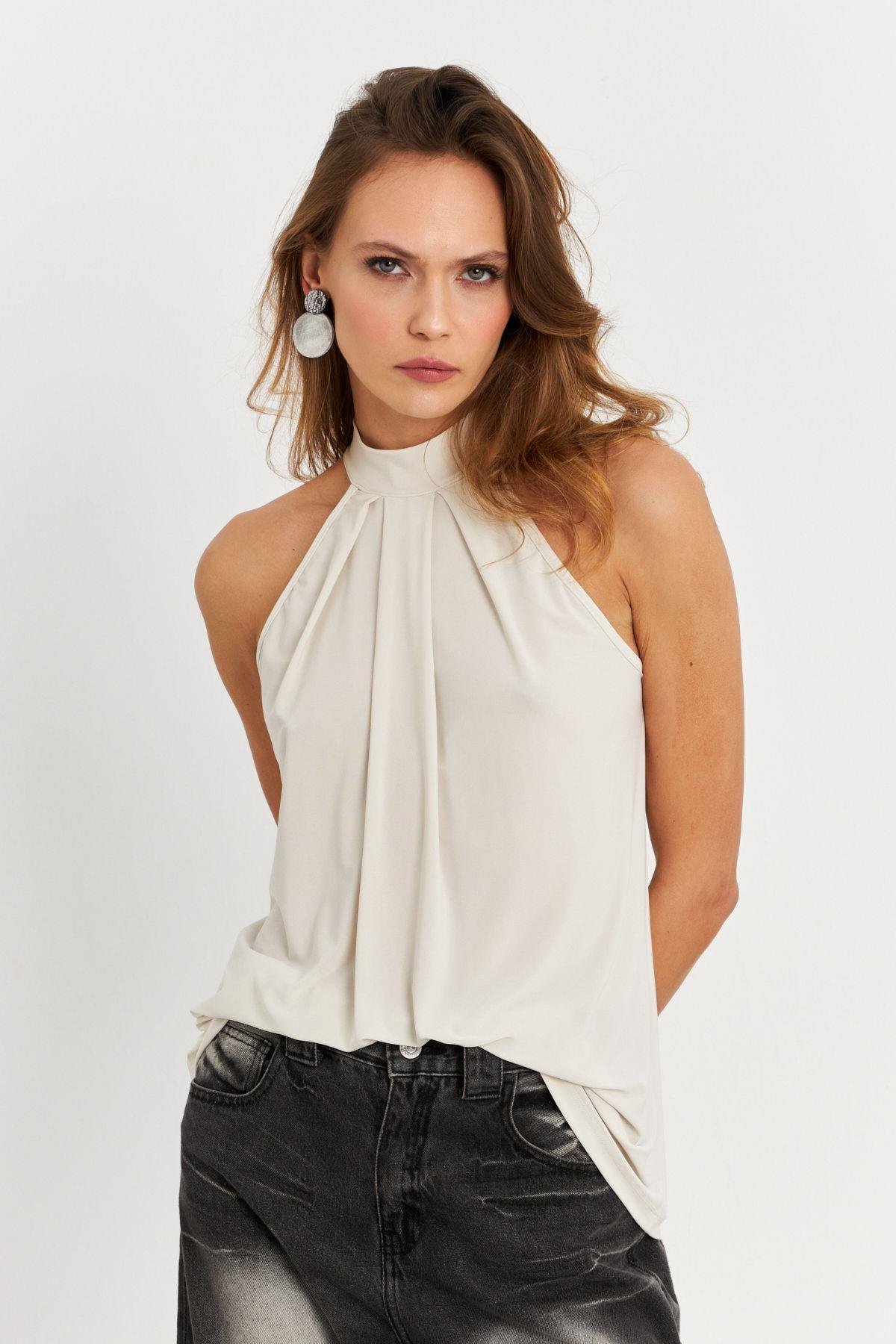 Kadın Turuncu Halter Yaka Desenli Bluz LPP1273