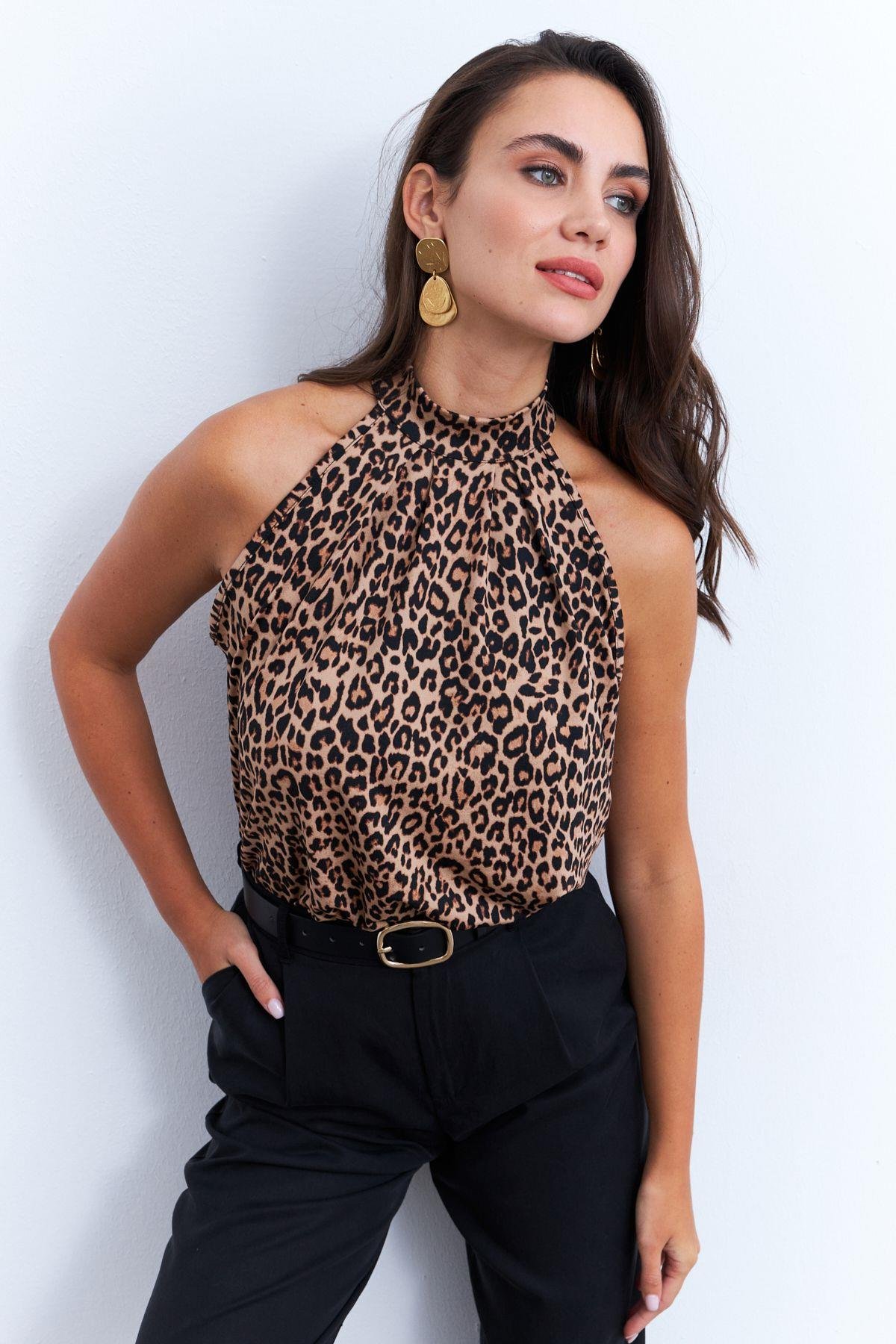 Kadın Turuncu Halter Yaka Desenli Bluz LPP1273