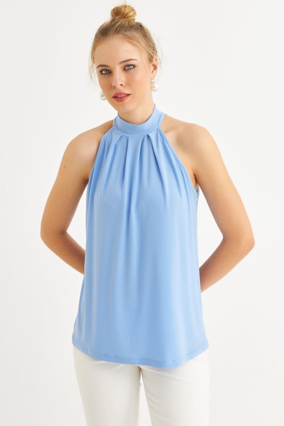 Kadın Turuncu Halter Yaka Desenli Bluz LPP1273