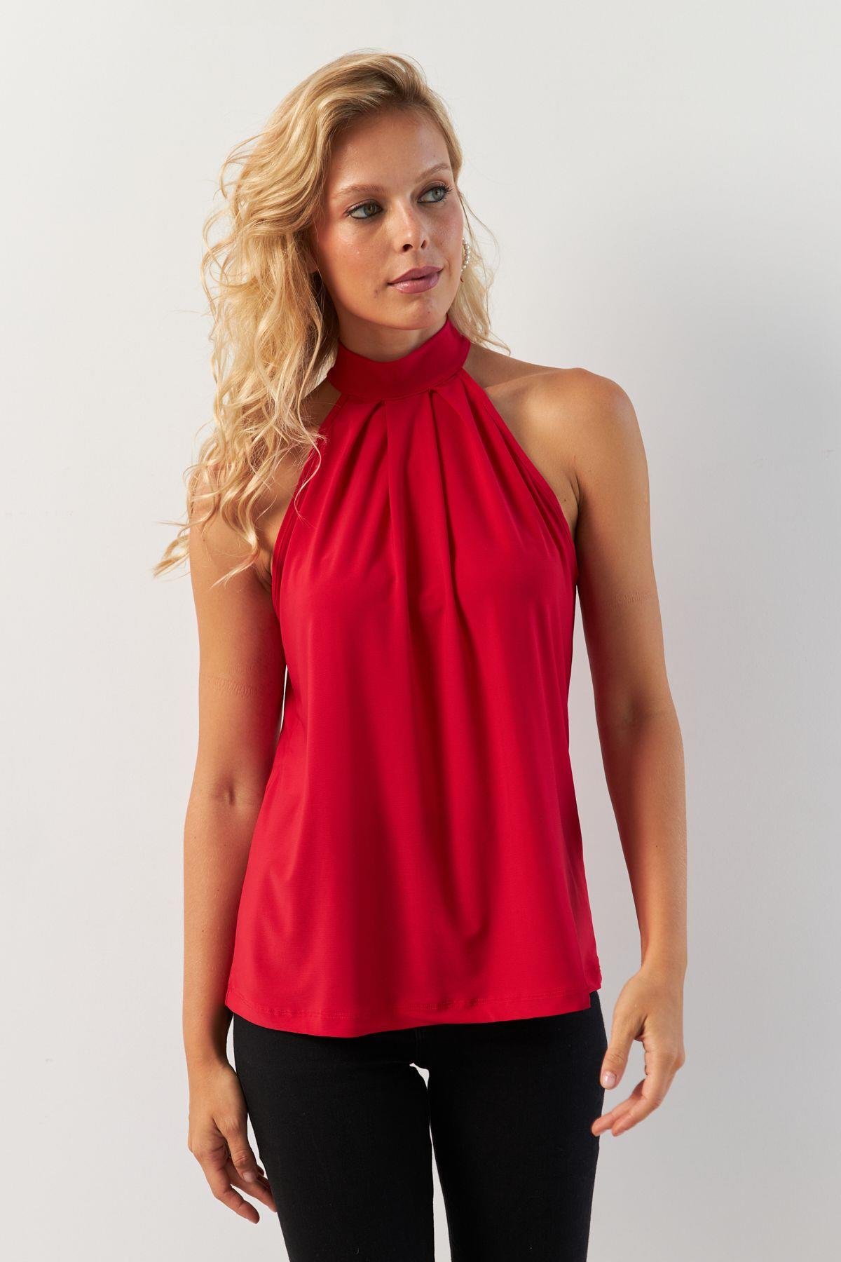 Kadın Turuncu Halter Yaka Desenli Bluz LPP1273