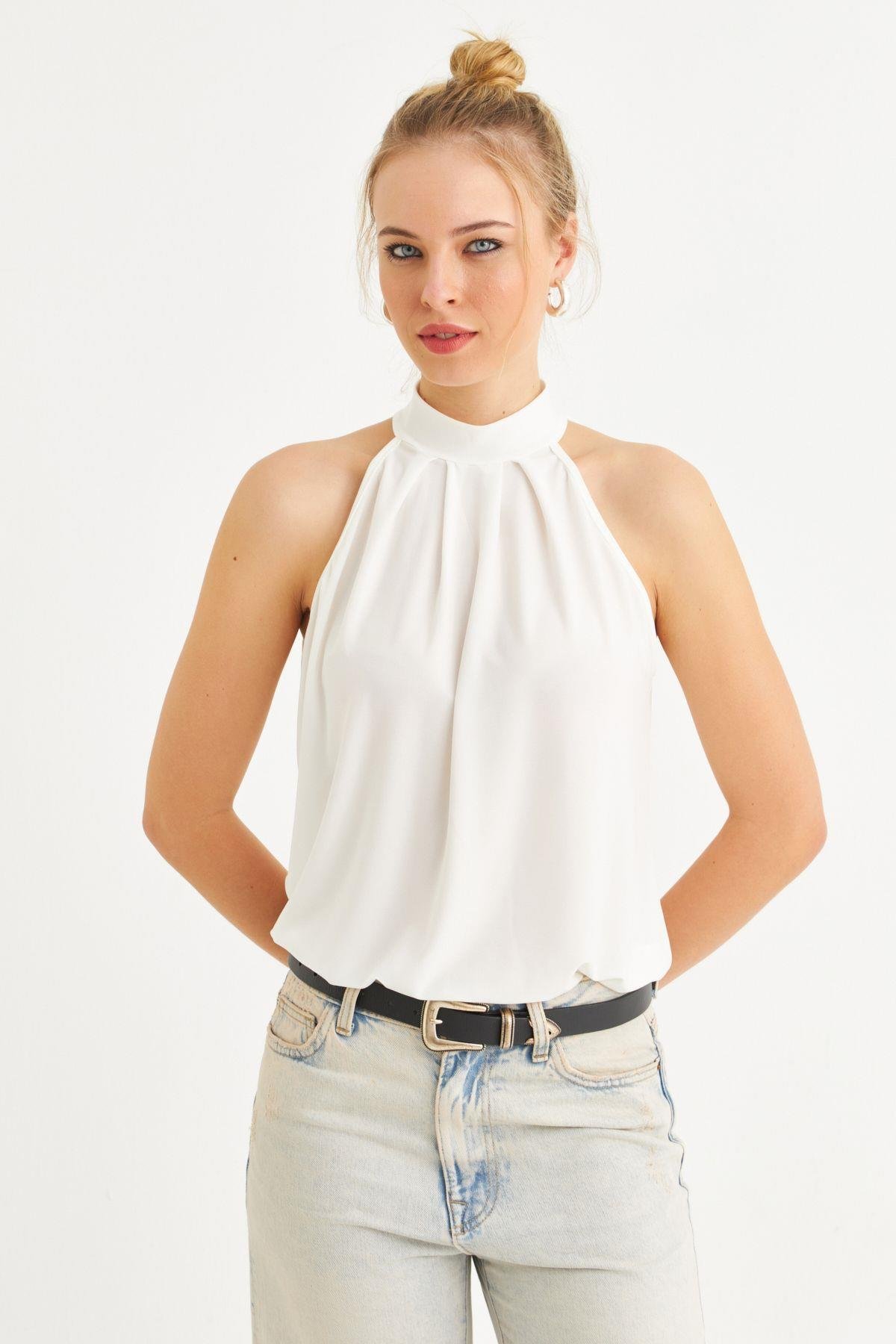 Kadın Turuncu Halter Yaka Desenli Bluz LPP1273