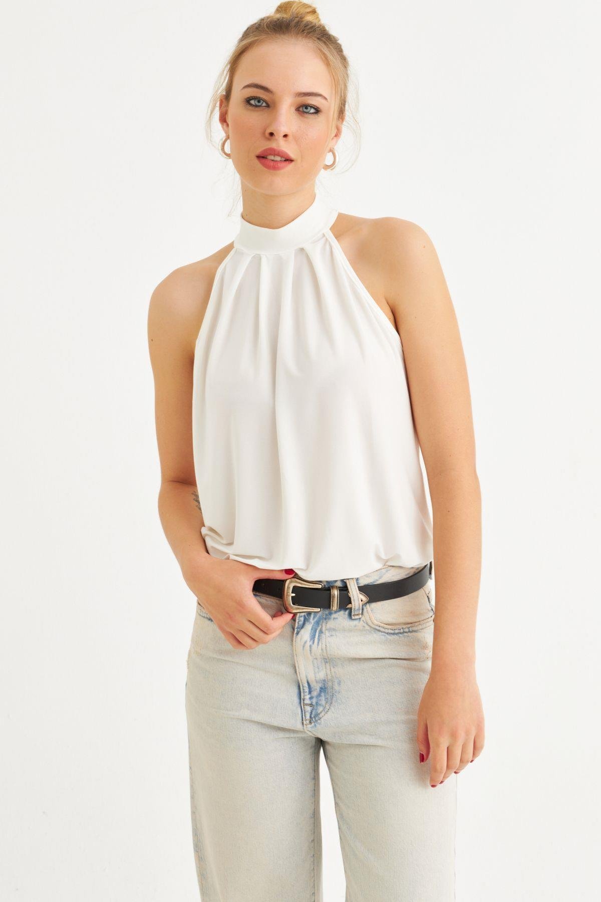 Kadın Turuncu Halter Yaka Desenli Bluz LPP1273