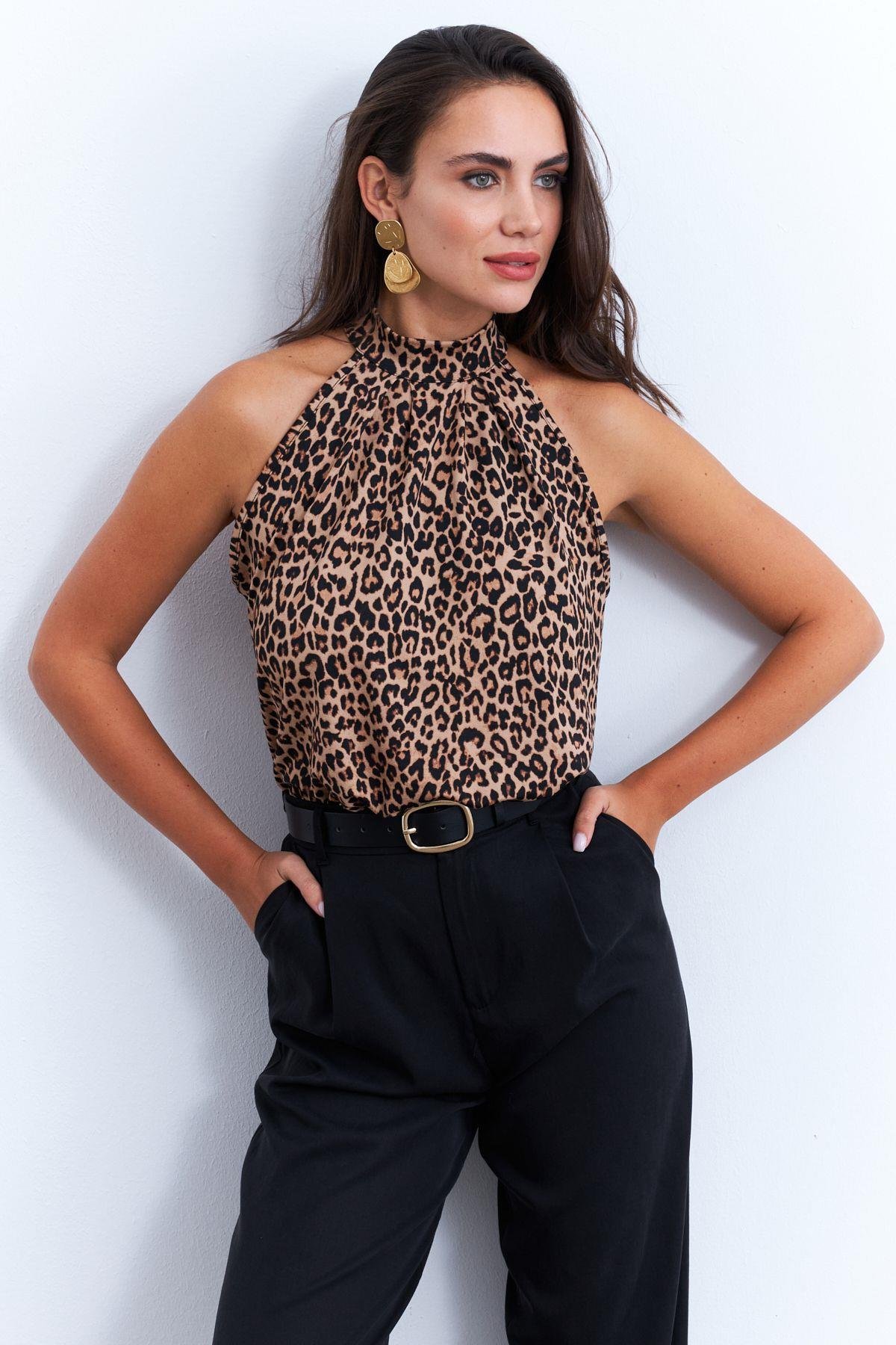 Kadın Turuncu Halter Yaka Desenli Bluz LPP1273