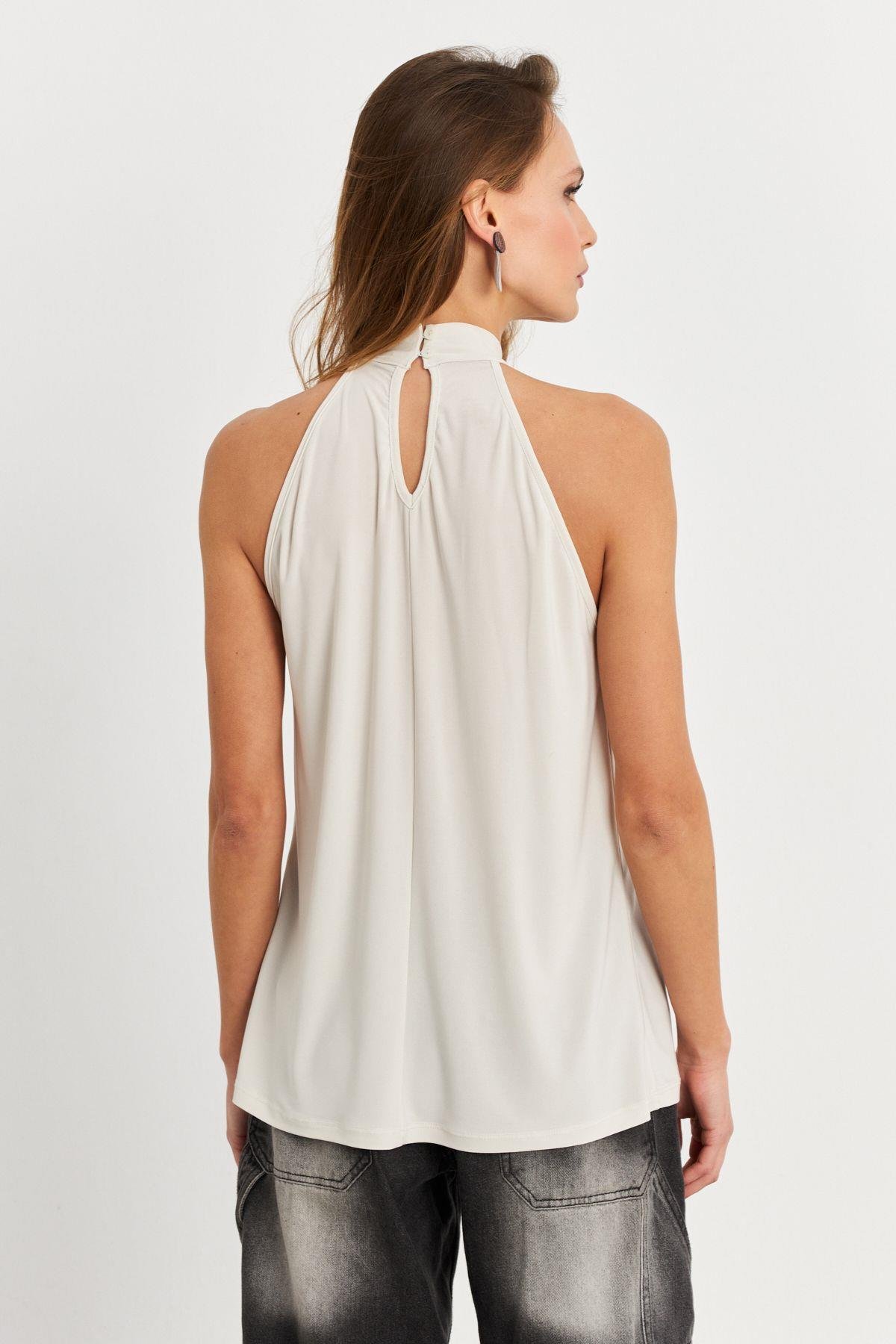 Kadın Turuncu Halter Yaka Desenli Bluz LPP1273