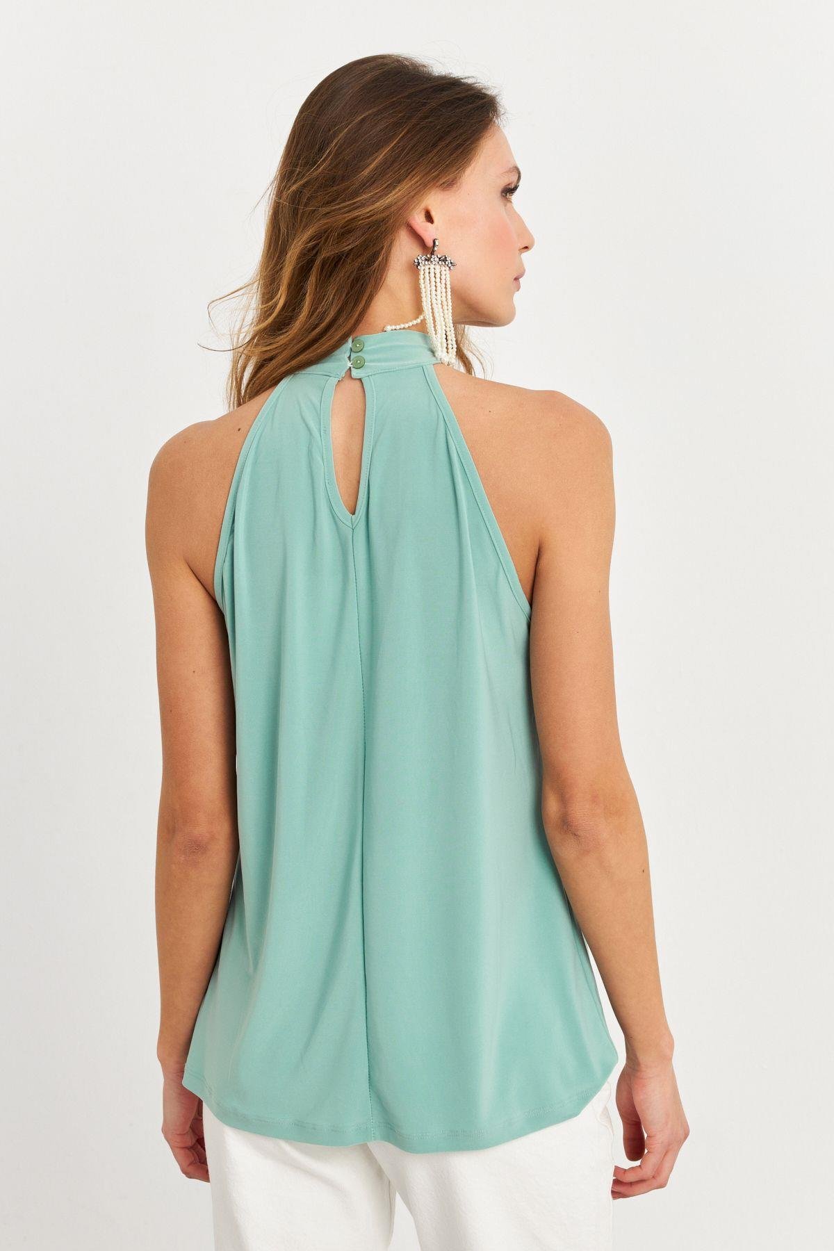 Kadın Turuncu Halter Yaka Desenli Bluz LPP1273
