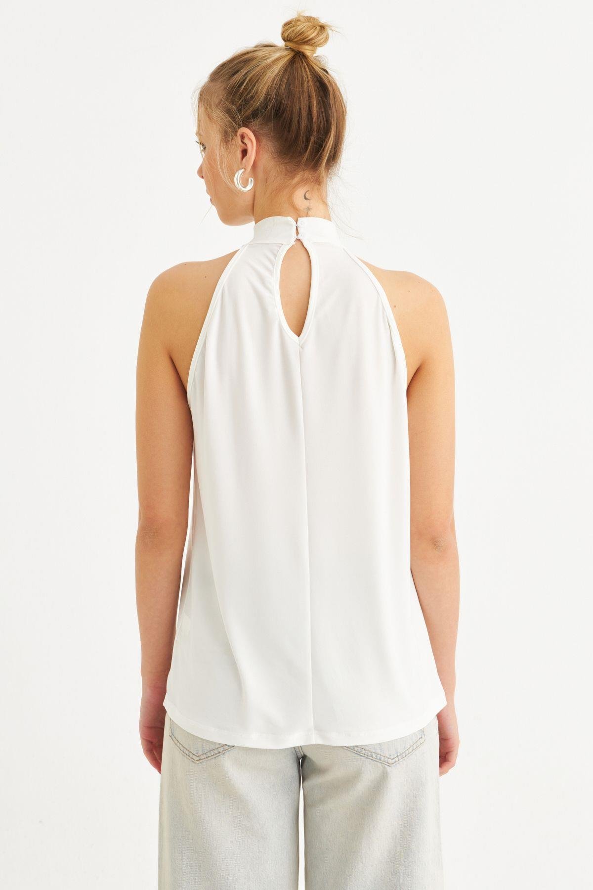Kadın Turuncu Halter Yaka Desenli Bluz LPP1273