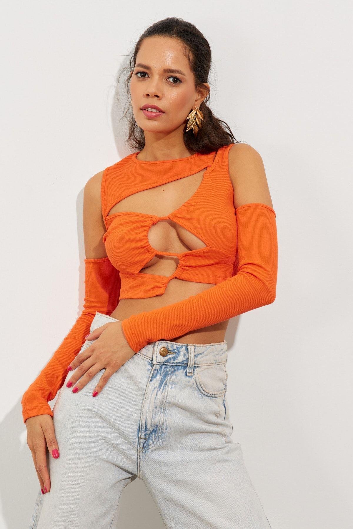 Kadın Turuncu Pencereli Kaşkorse Crop Bluz B2403