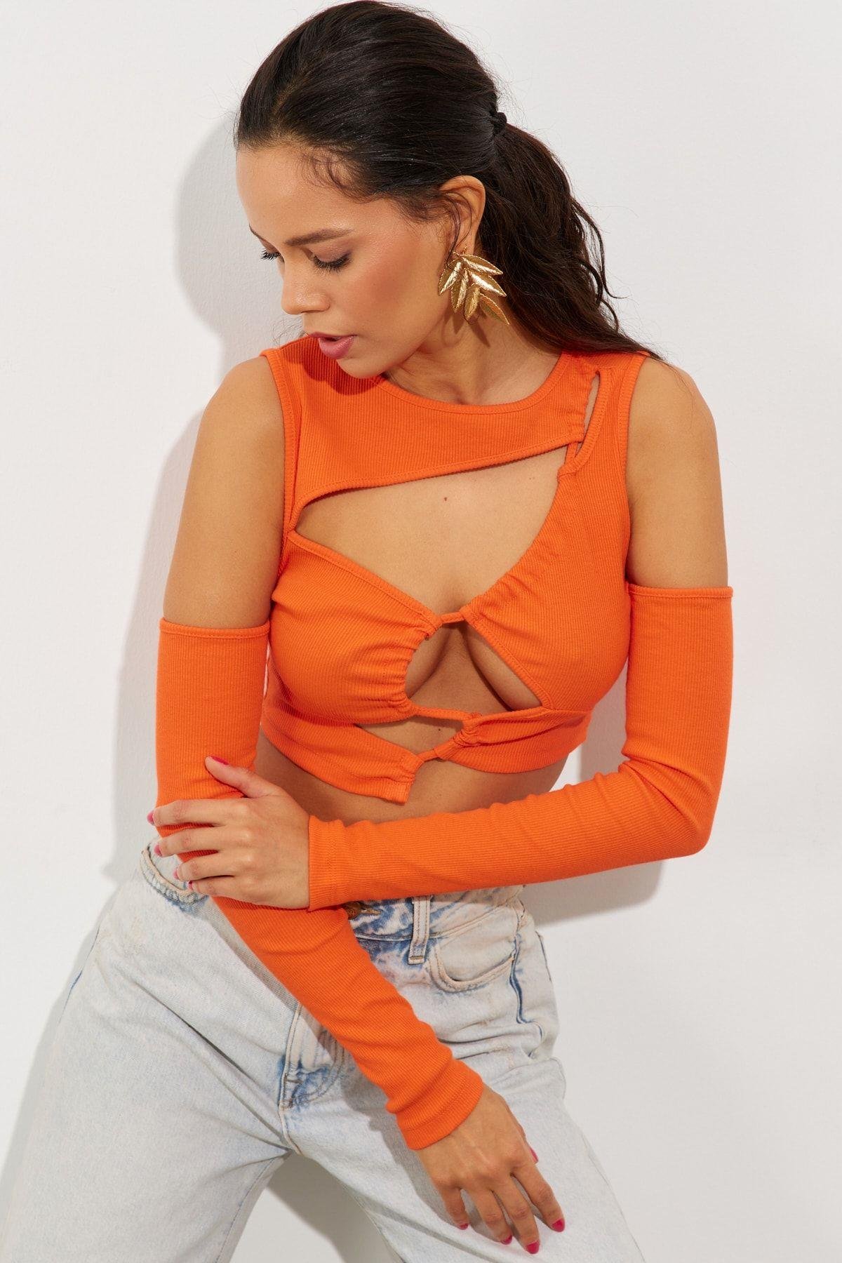 Kadın Turuncu Pencereli Kaşkorse Crop Bluz B2403