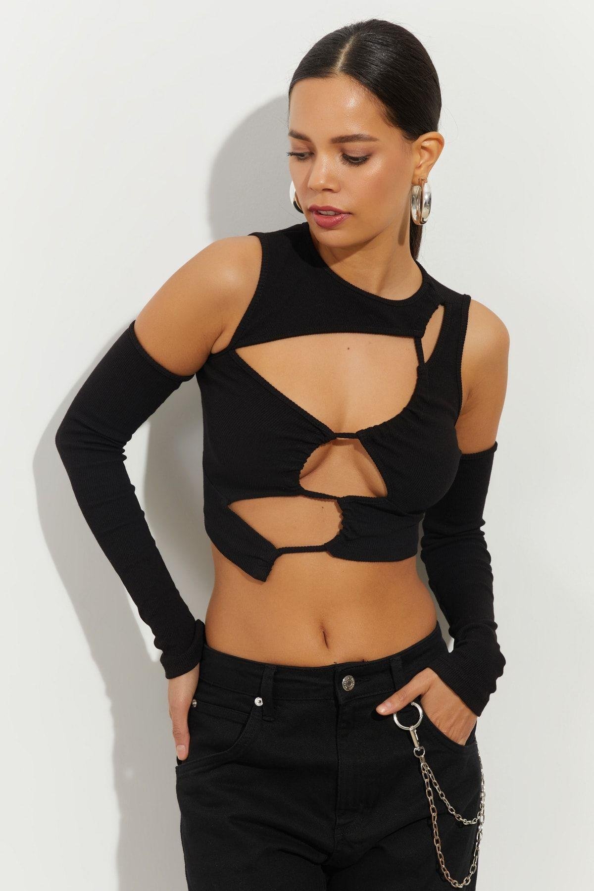 Kadın Turuncu Pencereli Kaşkorse Crop Bluz B2403
