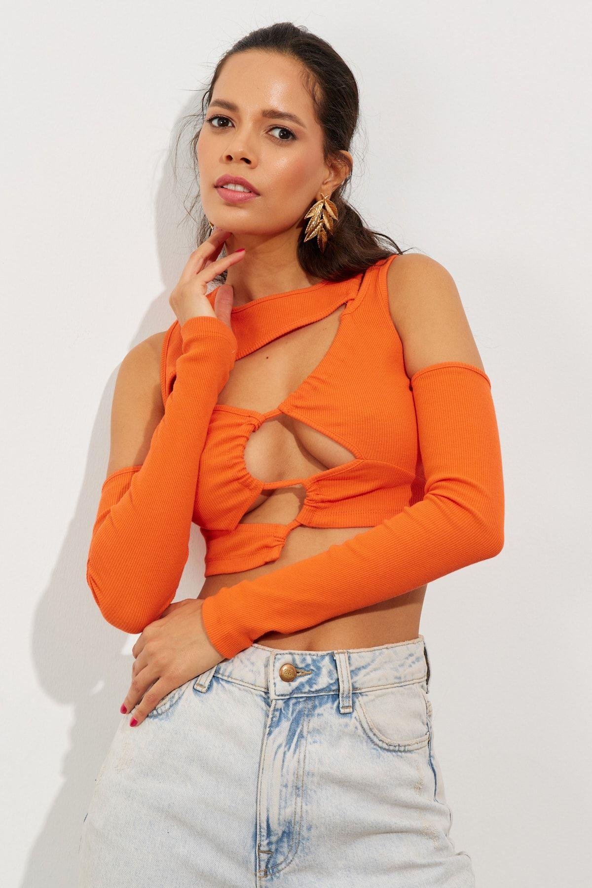 Kadın Turuncu Pencereli Kaşkorse Crop Bluz B2403