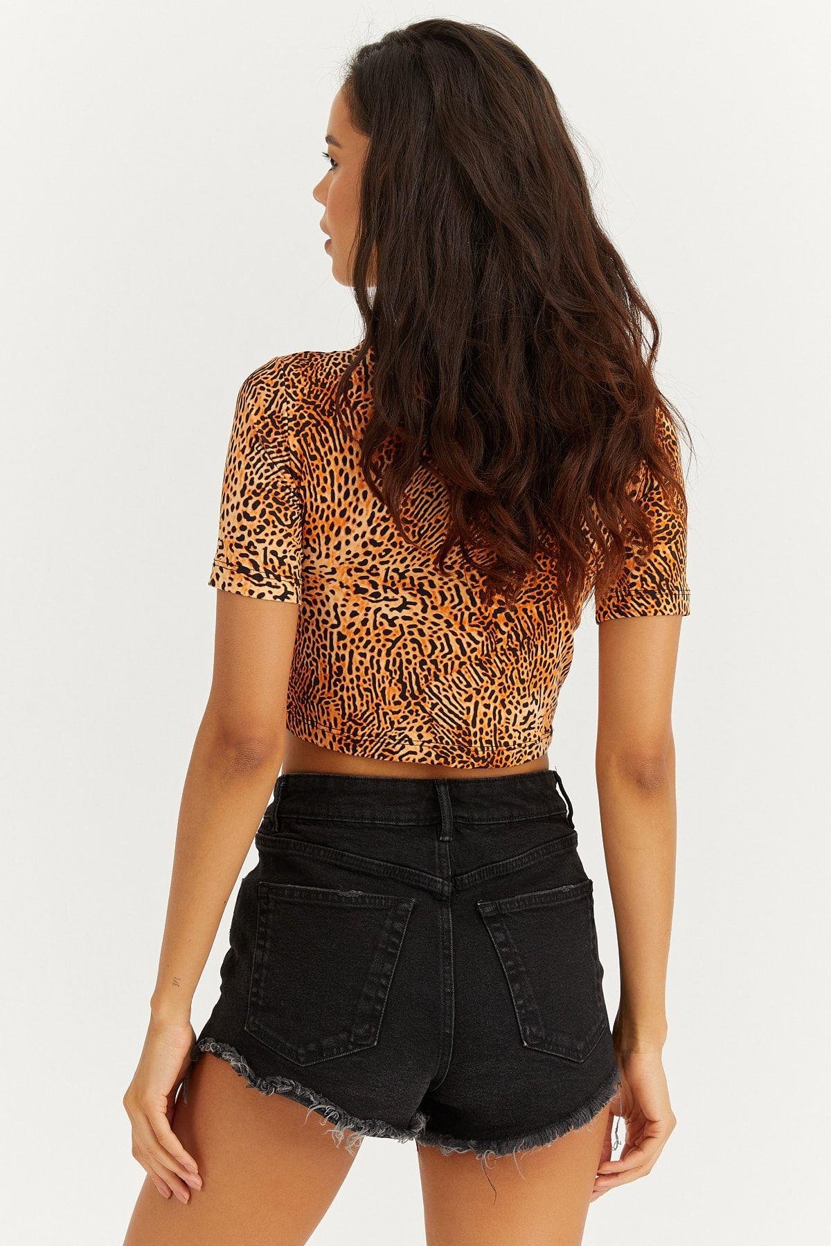 Kadın Turuncu Yarım Balıkçı Leopar Desen Bluz LPP1208