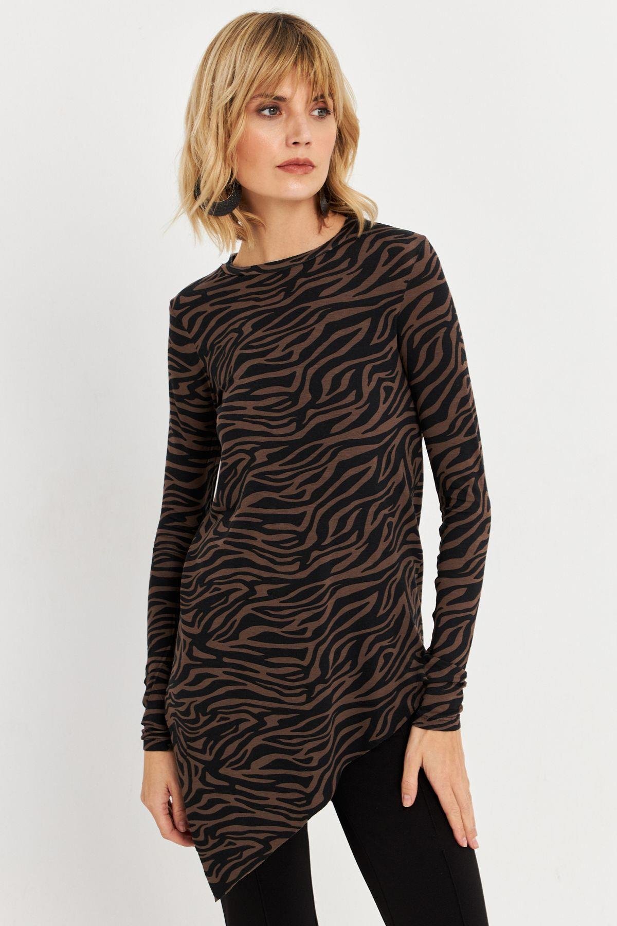 Kadın Vizon Asimetrik Zebra Desenli Tunik MLPP1186-1