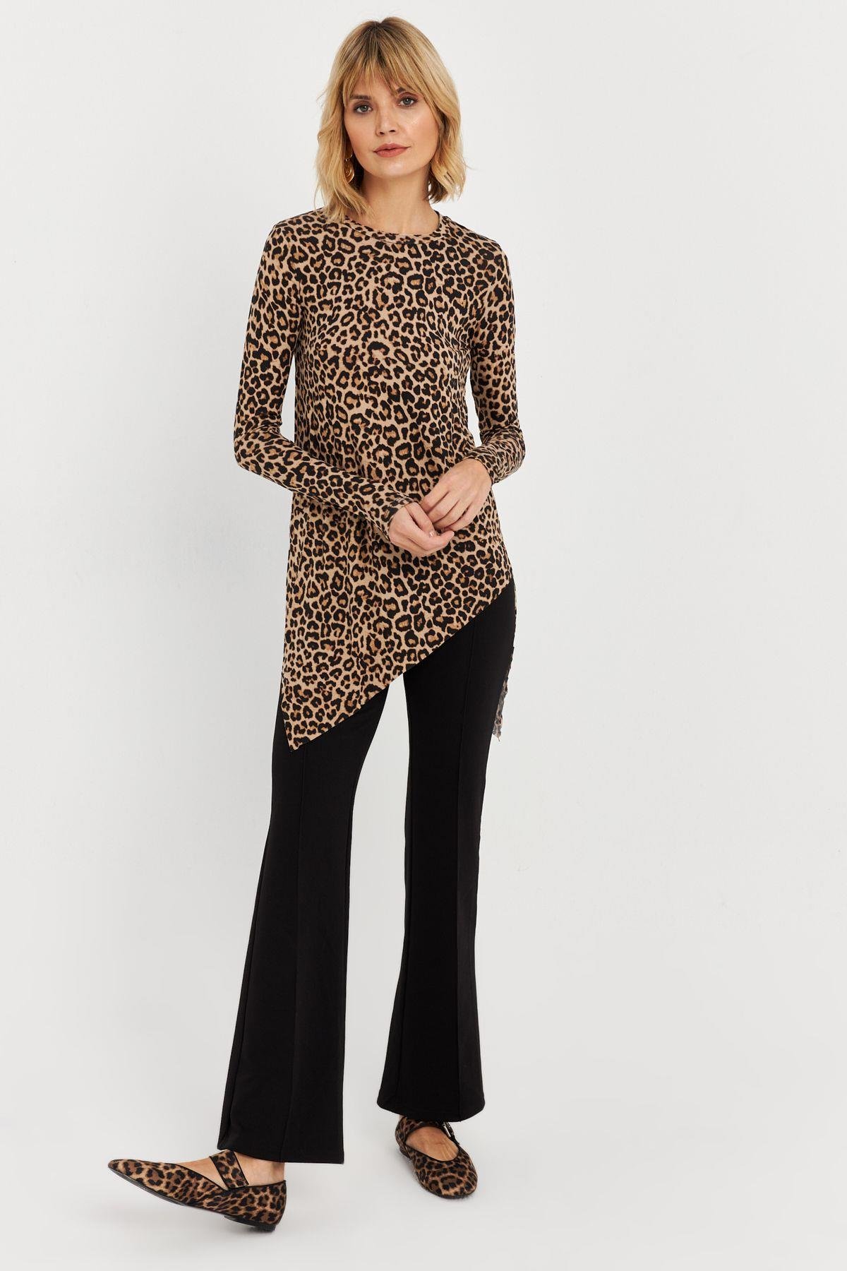Kadın Vizon Asimetrik Zebra Desenli Tunik MLPP1186-1