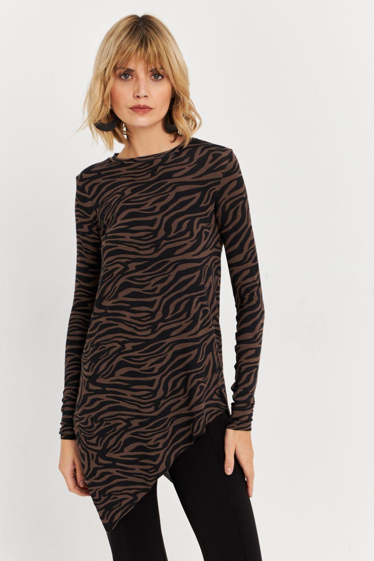 Kadın Vizon Asimetrik Zebra Desenli Tunik MLPP1186-1