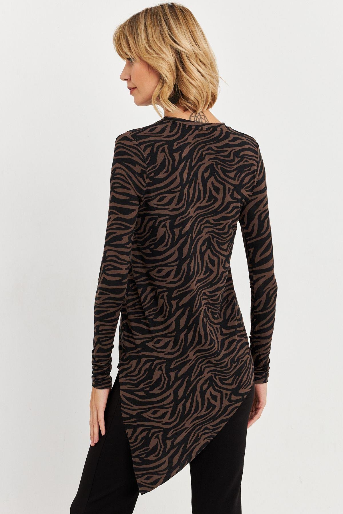 Kadın Vizon Asimetrik Zebra Desenli Tunik MLPP1186-1