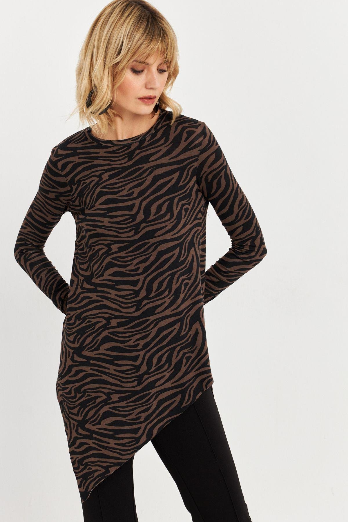 Kadın Vizon Asimetrik Zebra Desenli Tunik MLPP1186-1