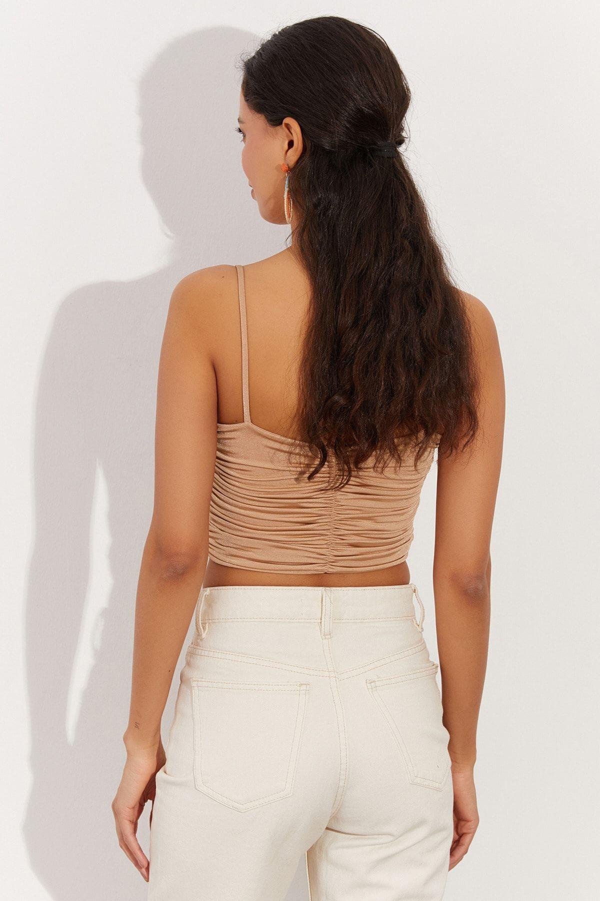 Kadın Vizon Drapeli Crop Bluz LPP1216
