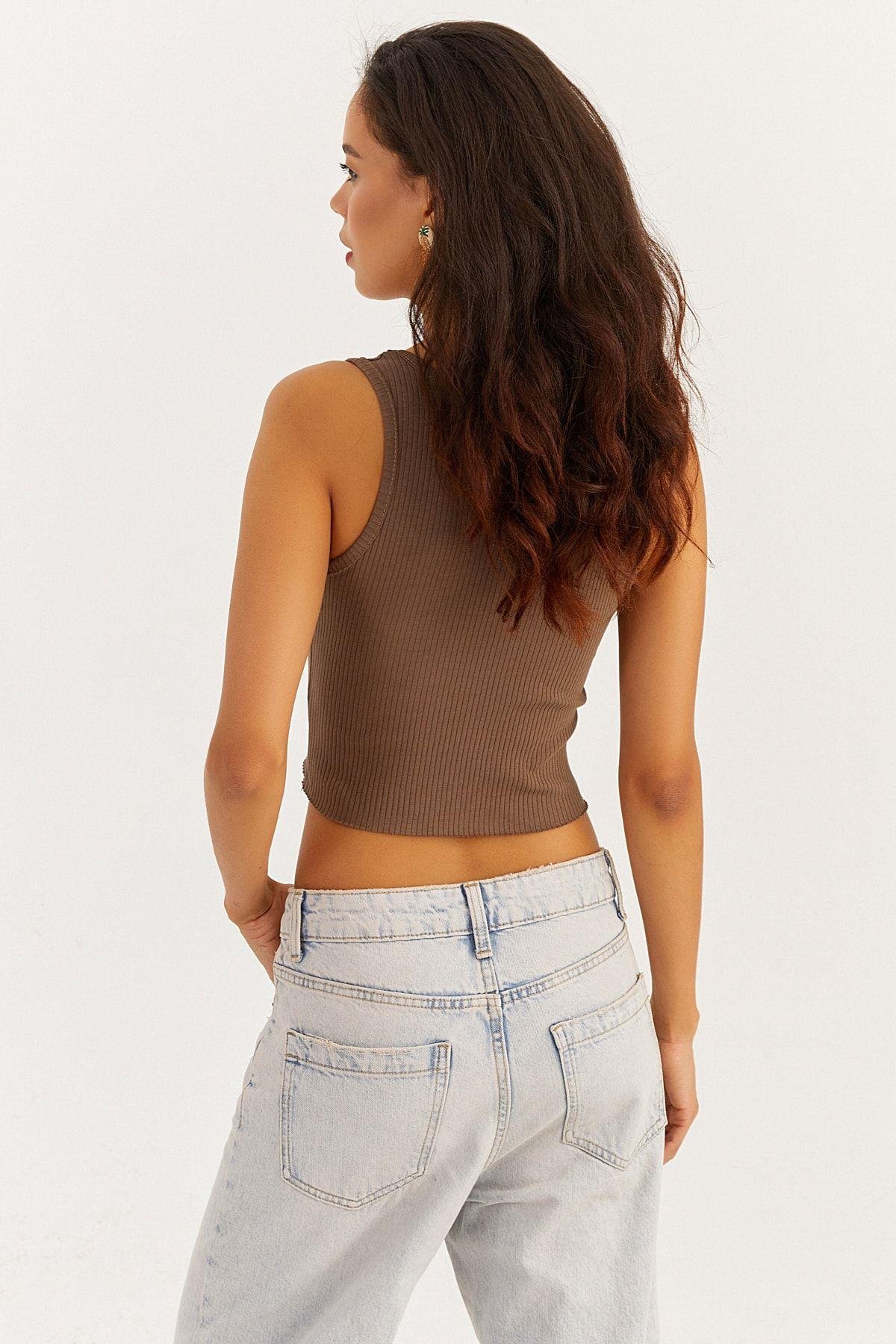 Kadın Vizon V Yaka Crop Bluz LPP1210