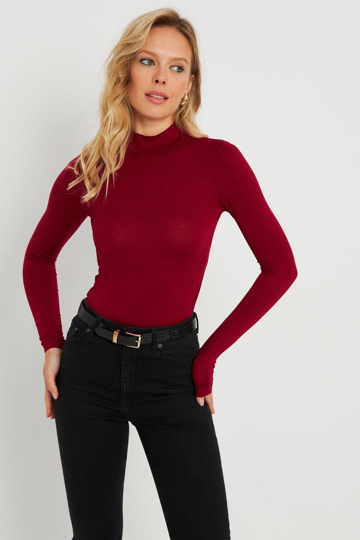 Kadın Yarım Balıkçı Bluz Bordo AYD289