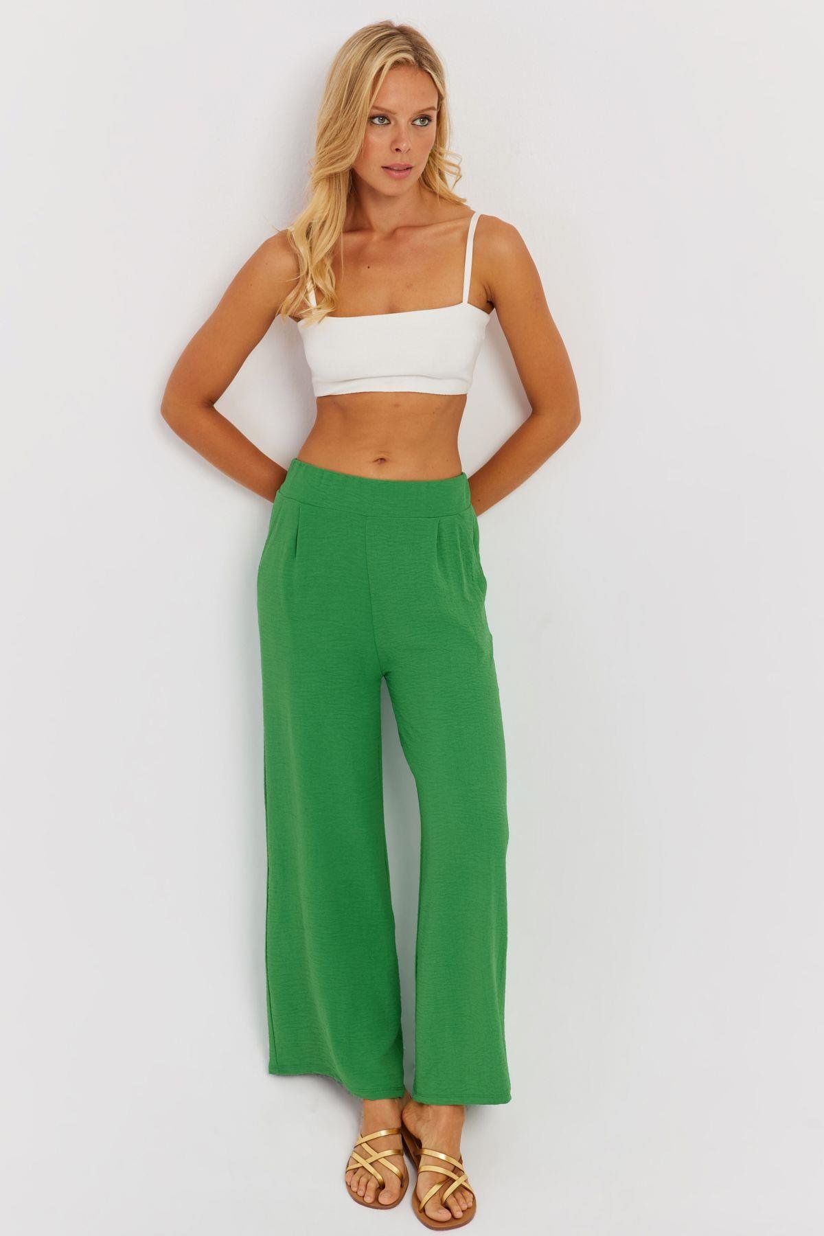 Kadın Yeşil Beli Lastikli Pantolon J23434