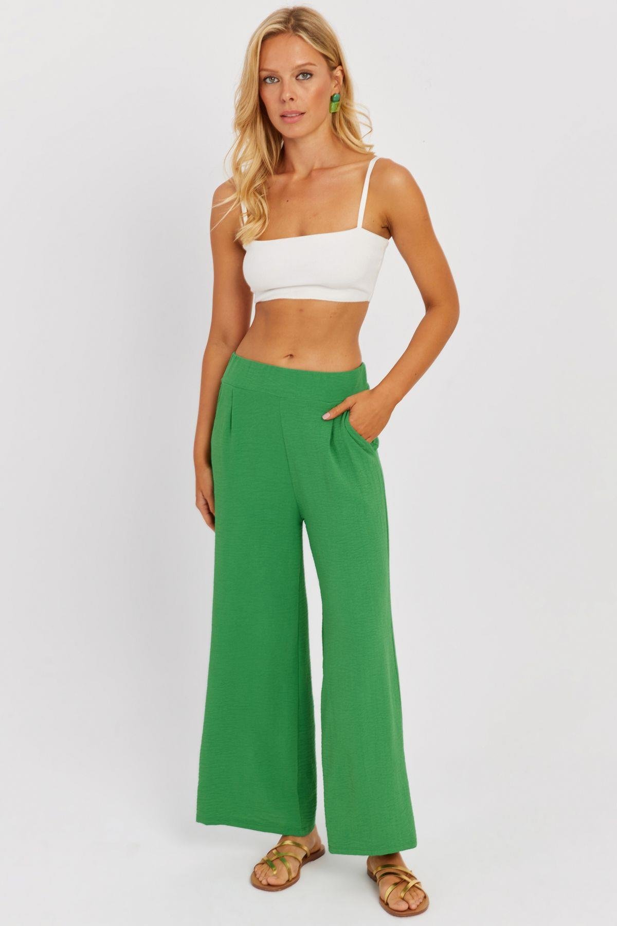 Kadın Yeşil Beli Lastikli Pantolon J23434