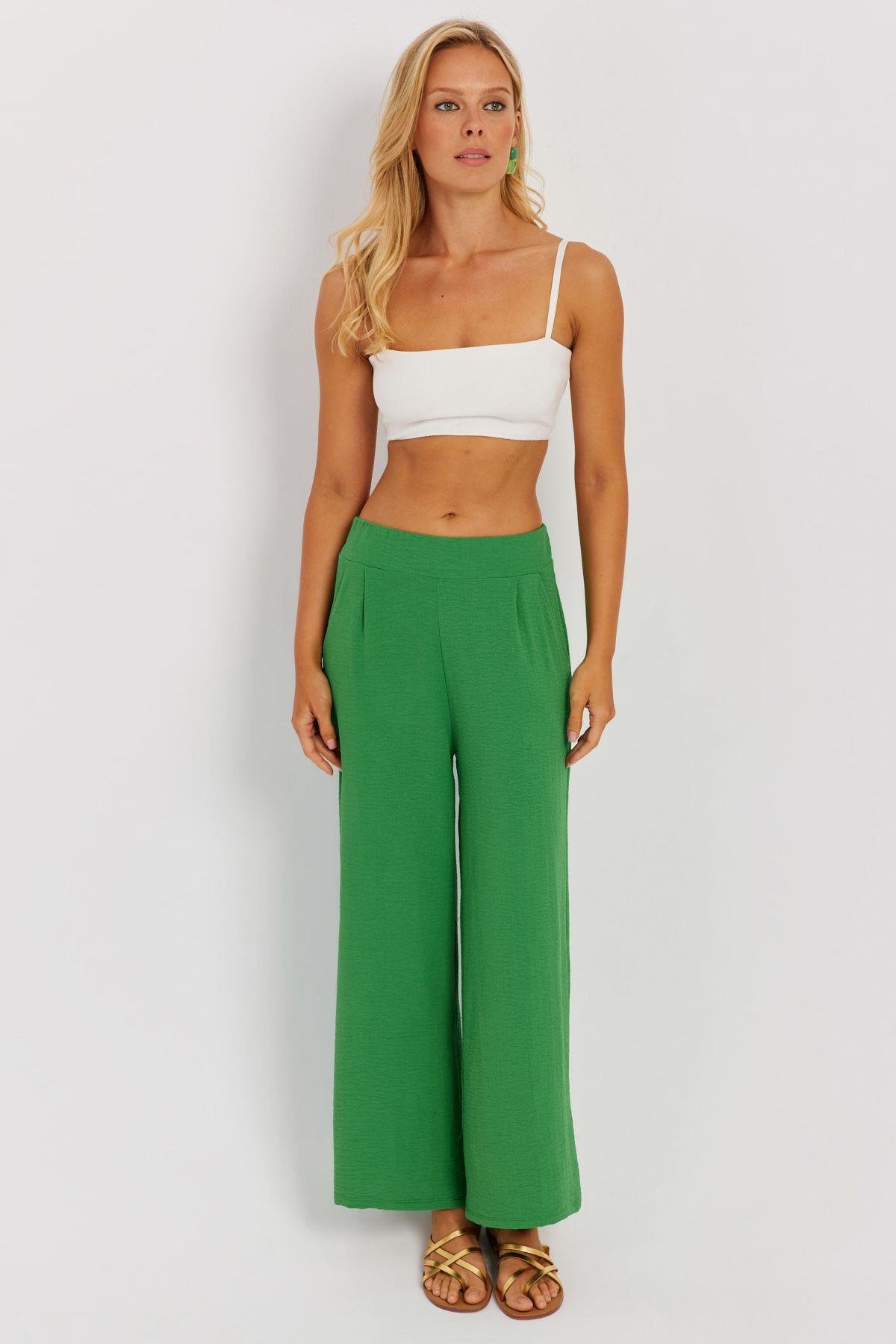 Kadın Yeşil Beli Lastikli Pantolon J23434