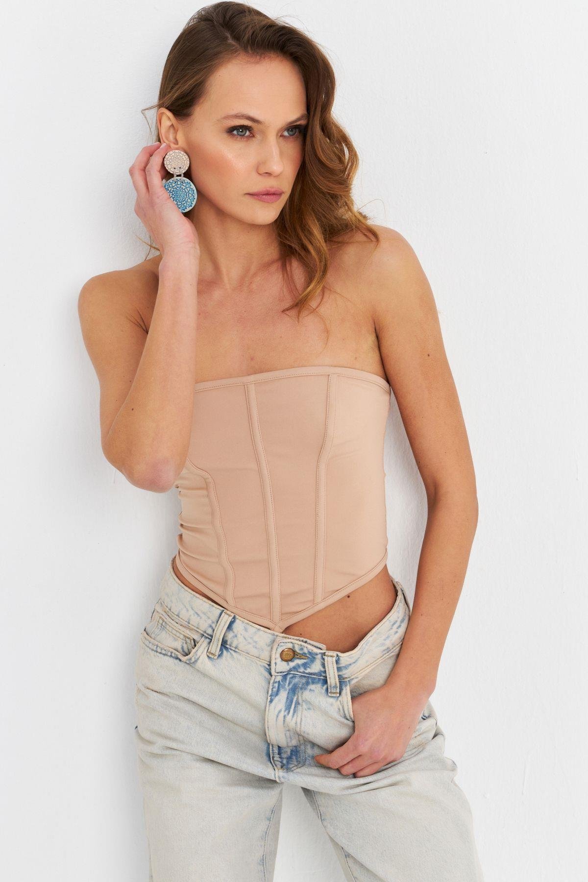Kadın Yeşil Straplez Crop Bluz B6081