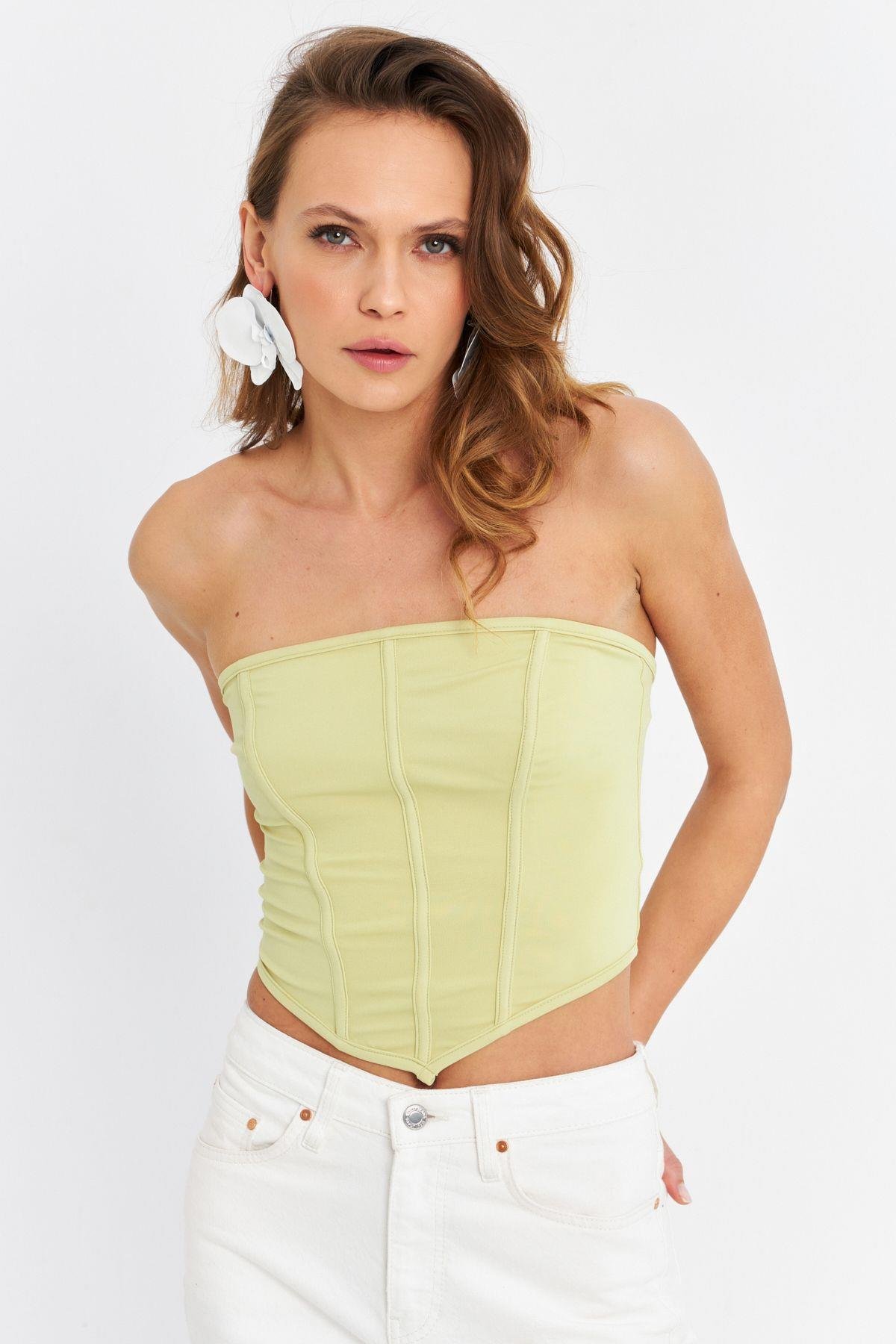 Kadın Yeşil Straplez Crop Bluz B6081