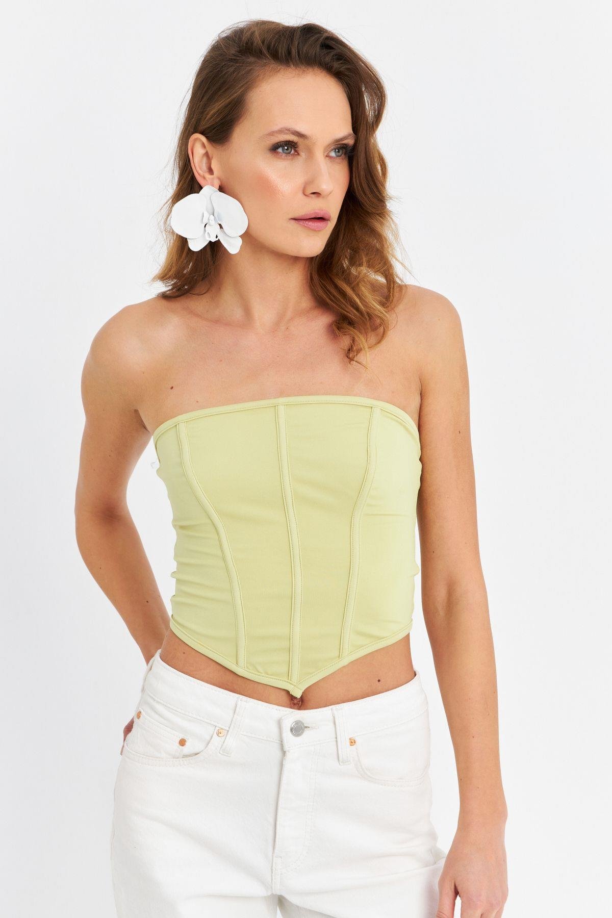 Kadın Yeşil Straplez Crop Bluz B6081