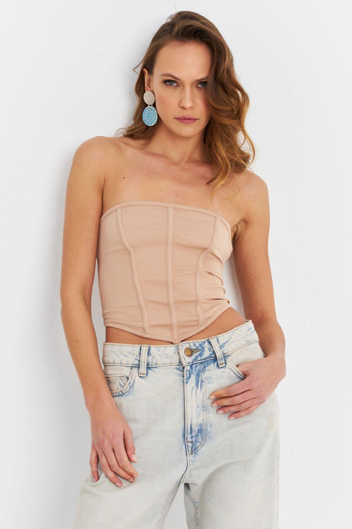 Kadın Yeşil Straplez Crop Bluz B6081