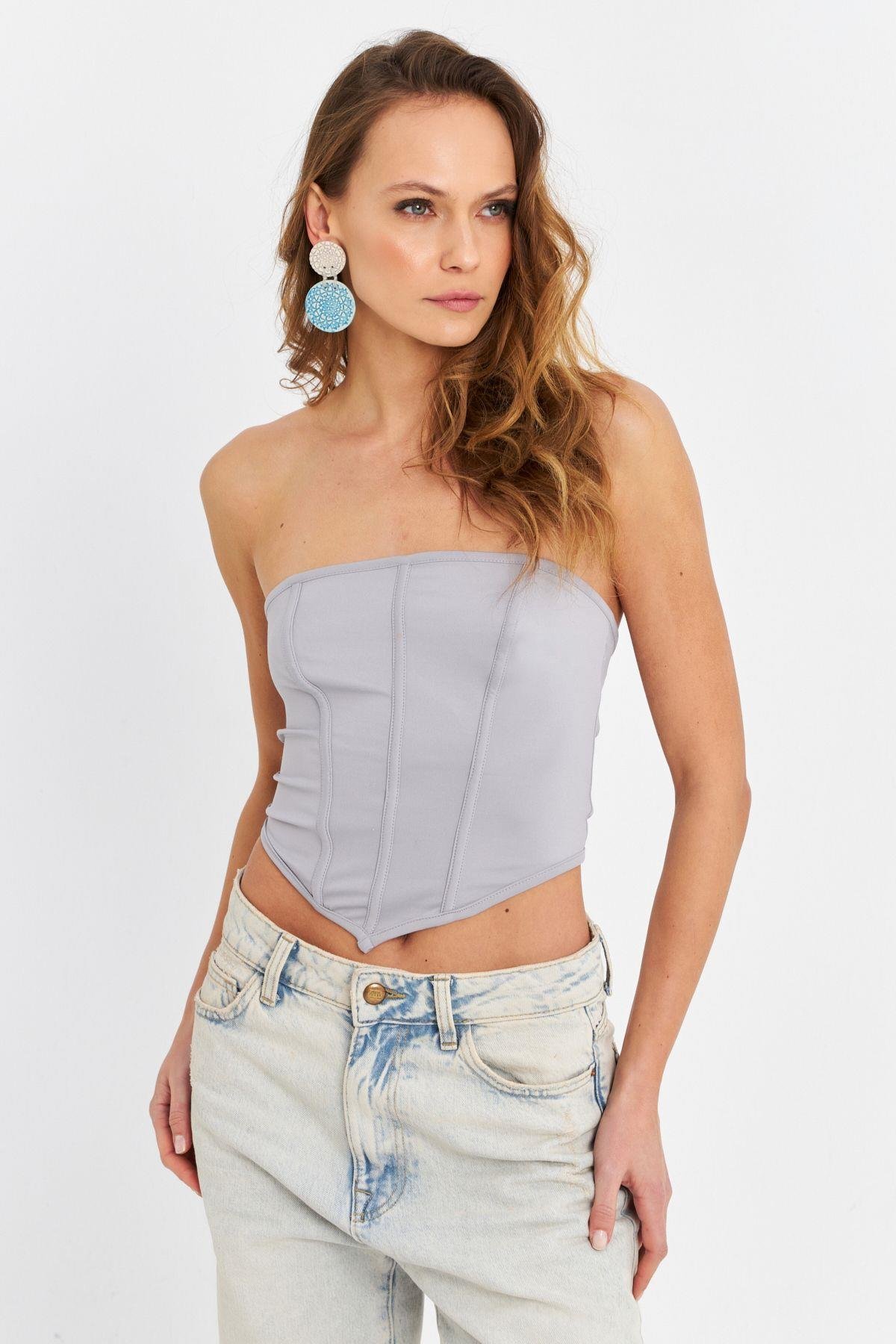 Kadın Yeşil Straplez Crop Bluz B6081