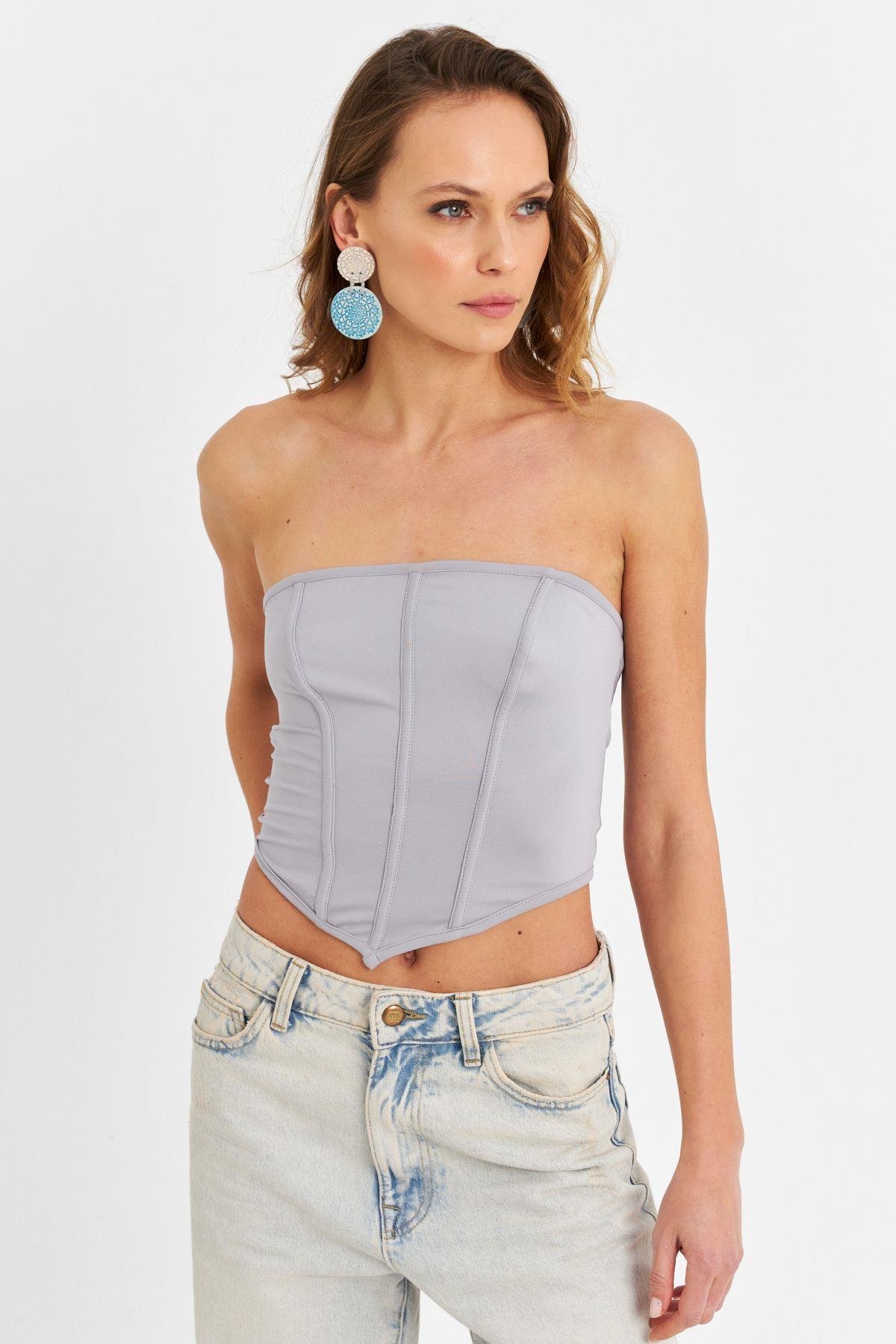 Kadın Yeşil Straplez Crop Bluz B6081